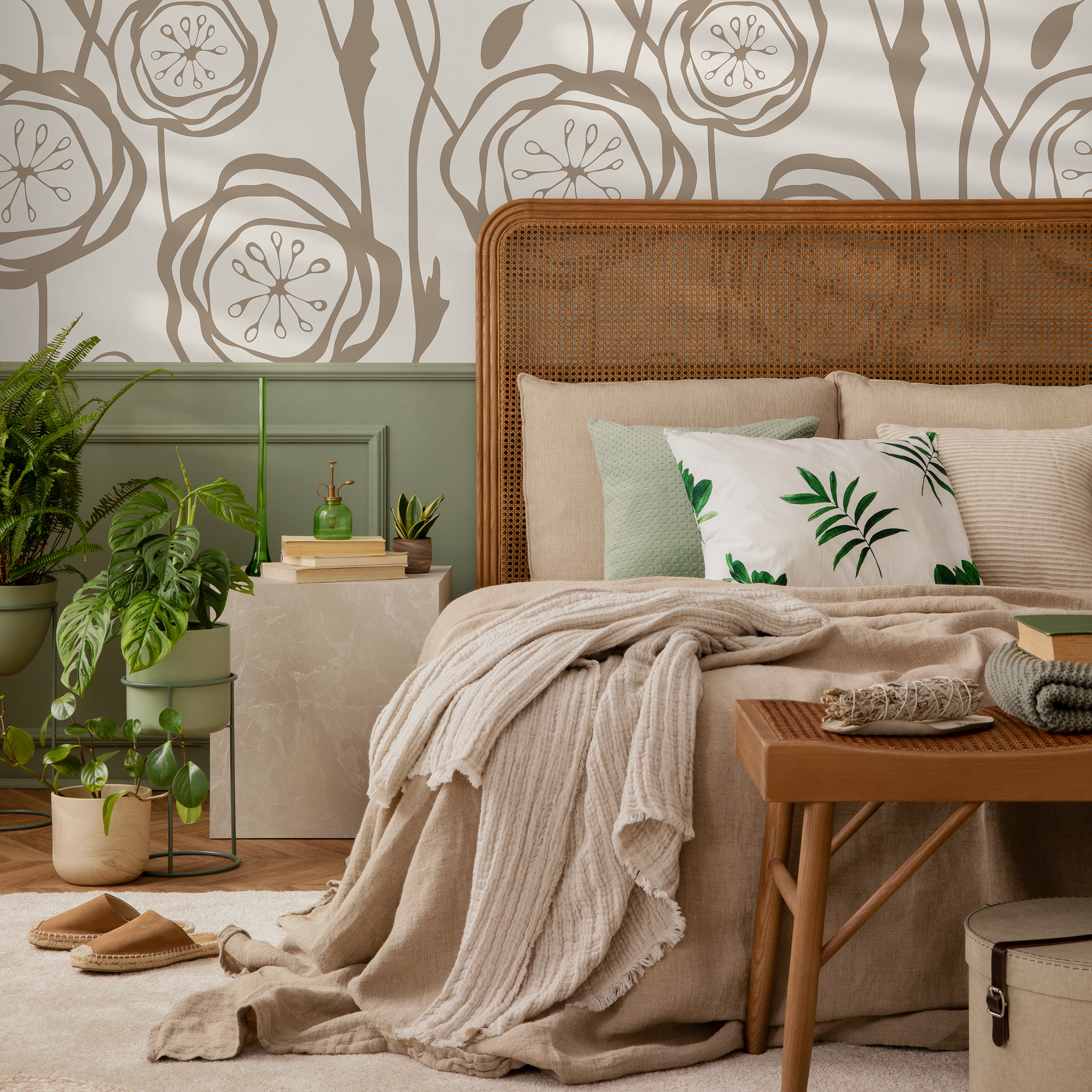 Floral Wallpaper With A Bold Poppy Outline In Taupe - C237