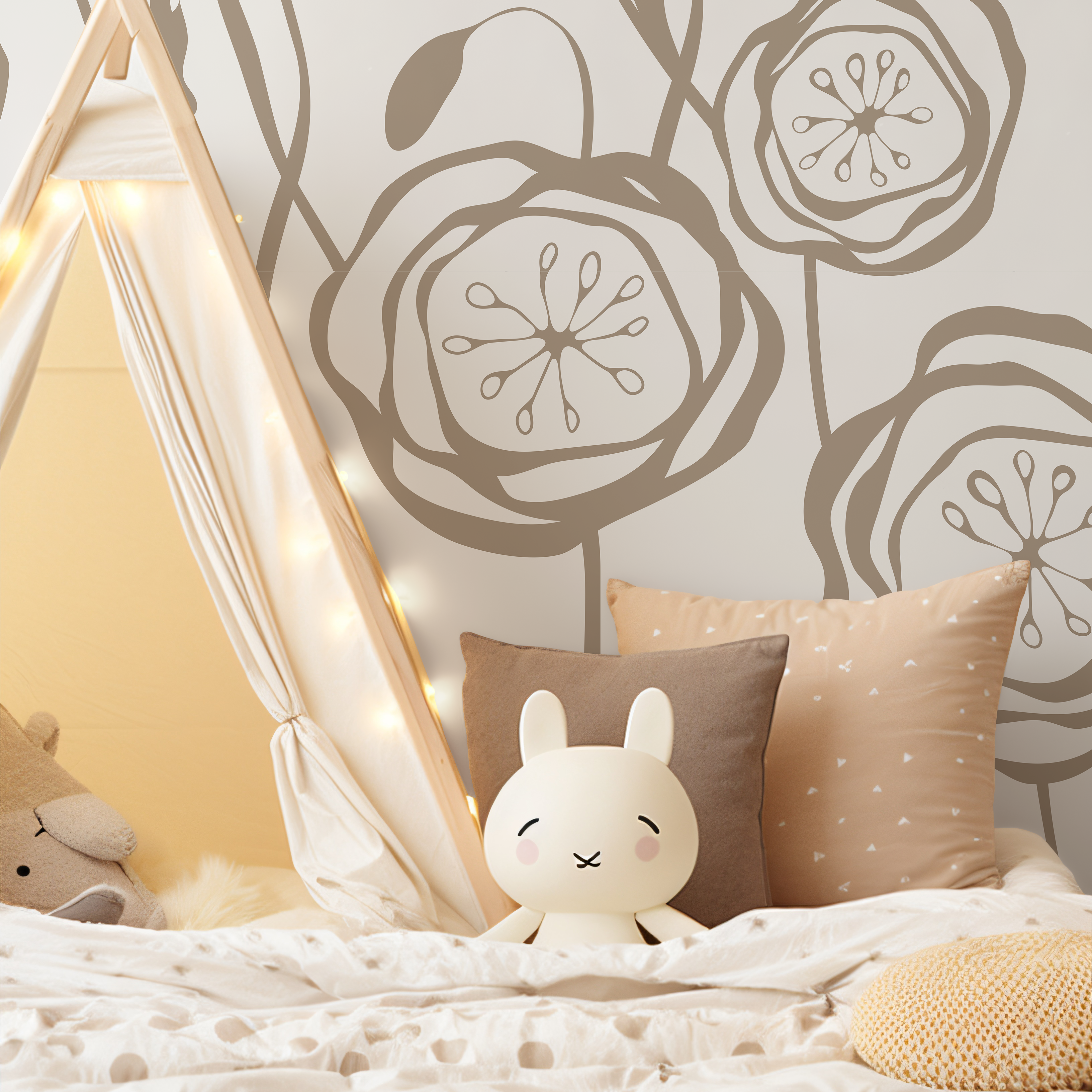 Floral Wallpaper With A Bold Poppy Outline In Taupe - C237