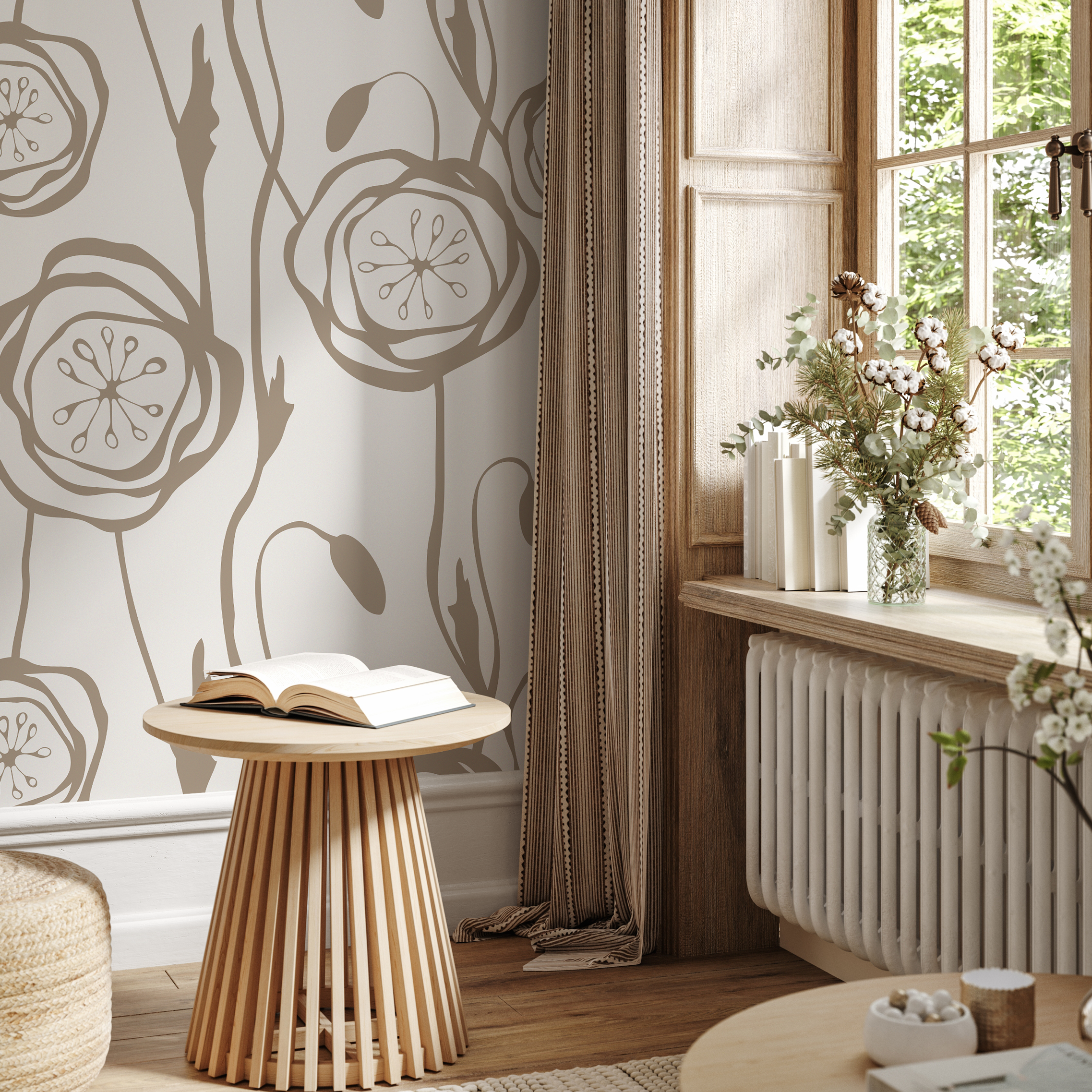 Floral Wallpaper With A Bold Poppy Outline In Taupe - C237