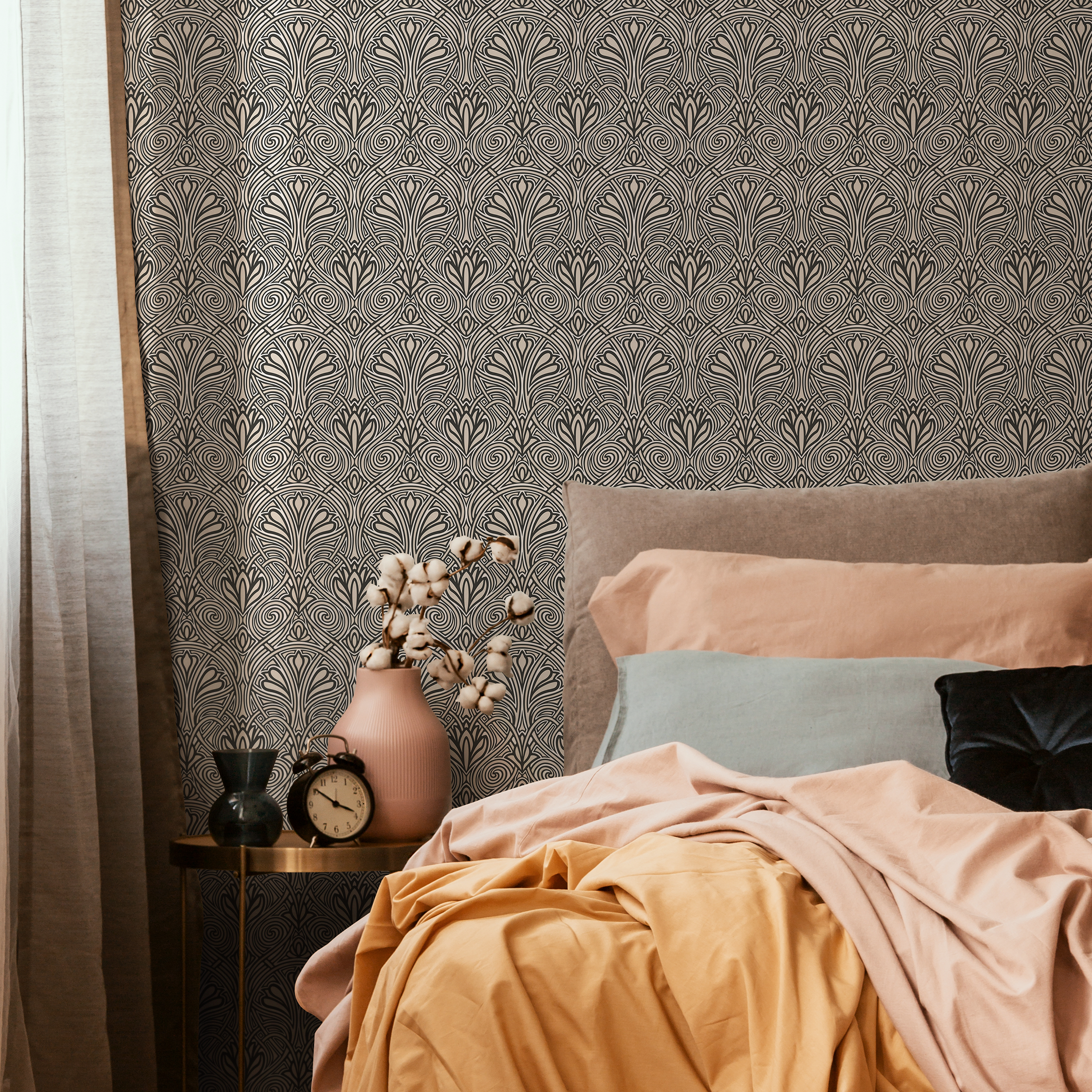 Art Nouveau Wallpaper With An Elegant Fan Motif In Black And Beige - C239