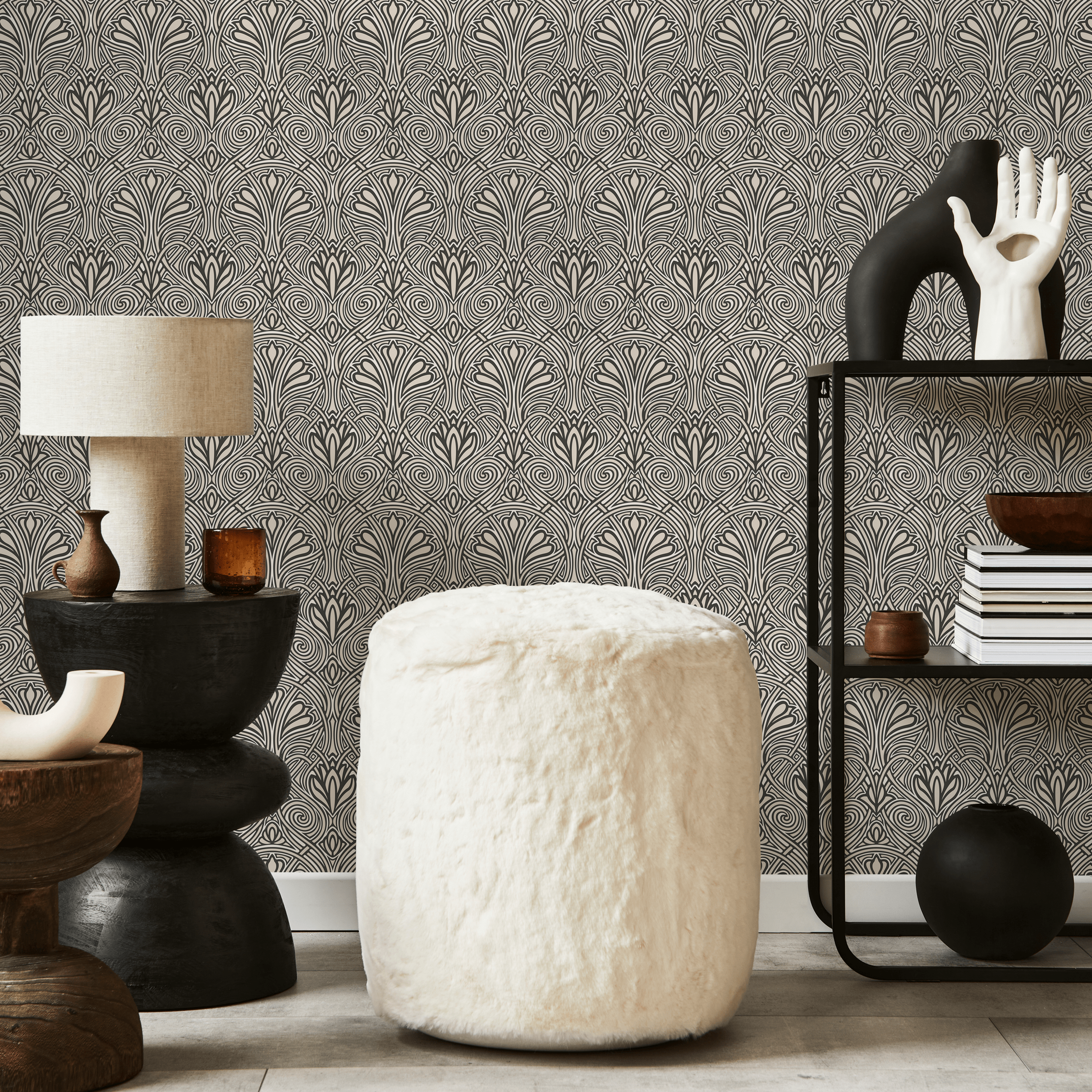 Art Nouveau Wallpaper With An Elegant Fan Motif In Black And Beige - C239