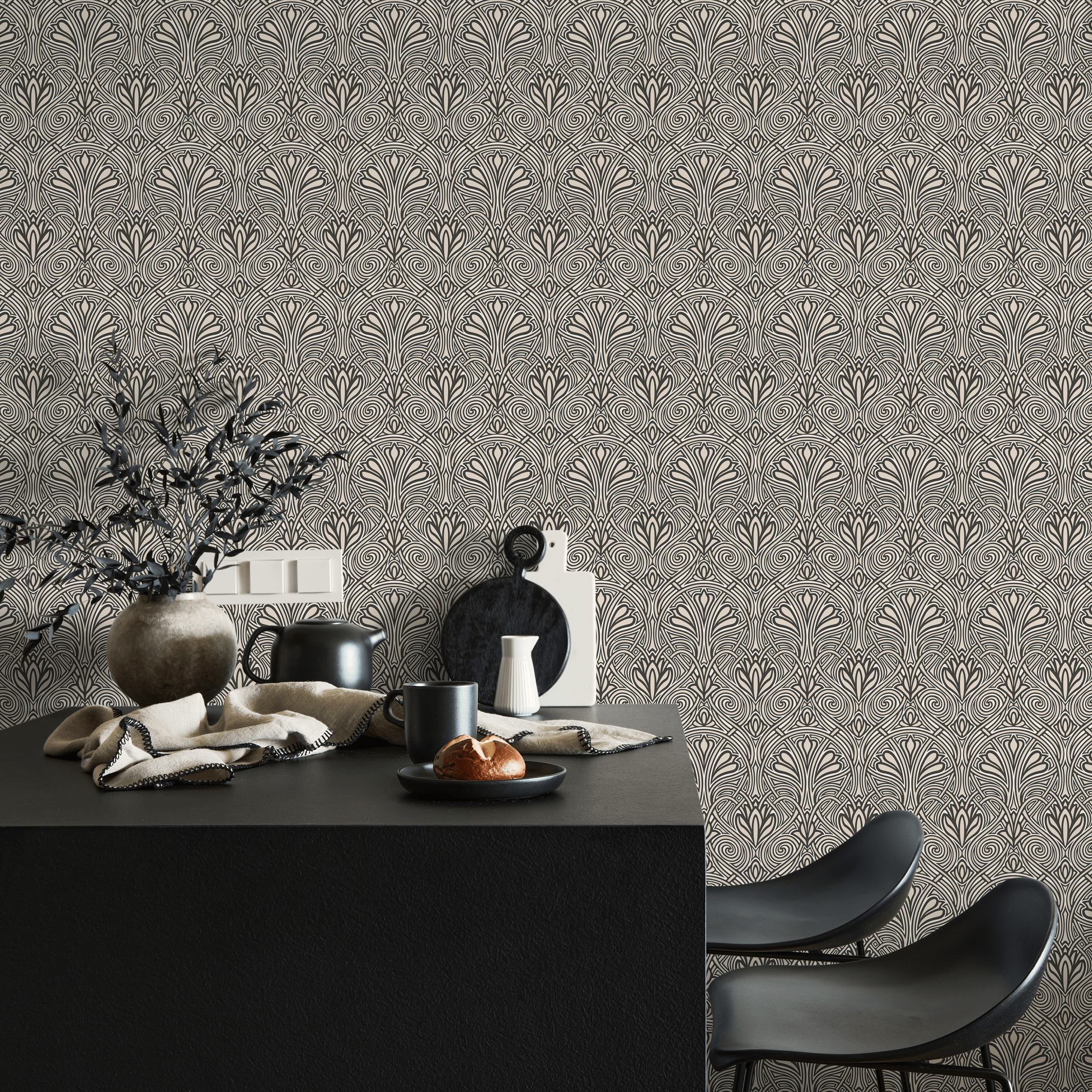 Art Nouveau Wallpaper With An Elegant Fan Motif In Black And Beige - C239