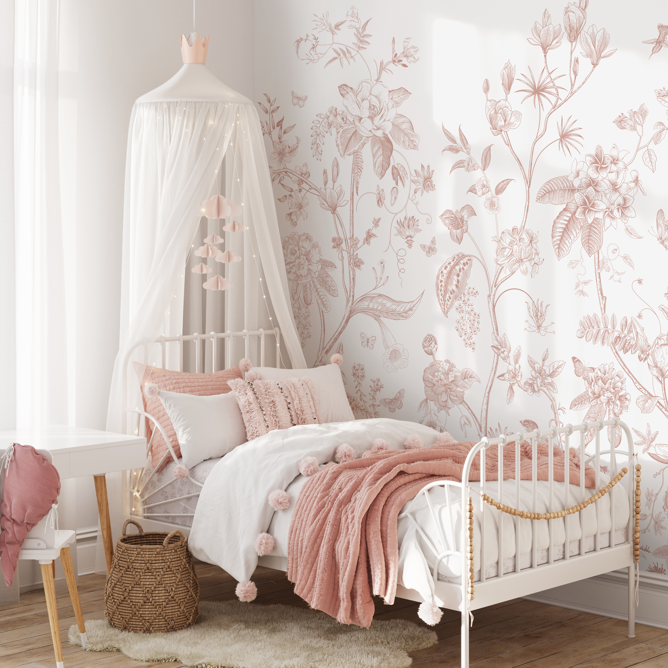 Botanical Wallpaper Featuring Hand-drawn Flowers And Butterflies In Dusty Rose - C241