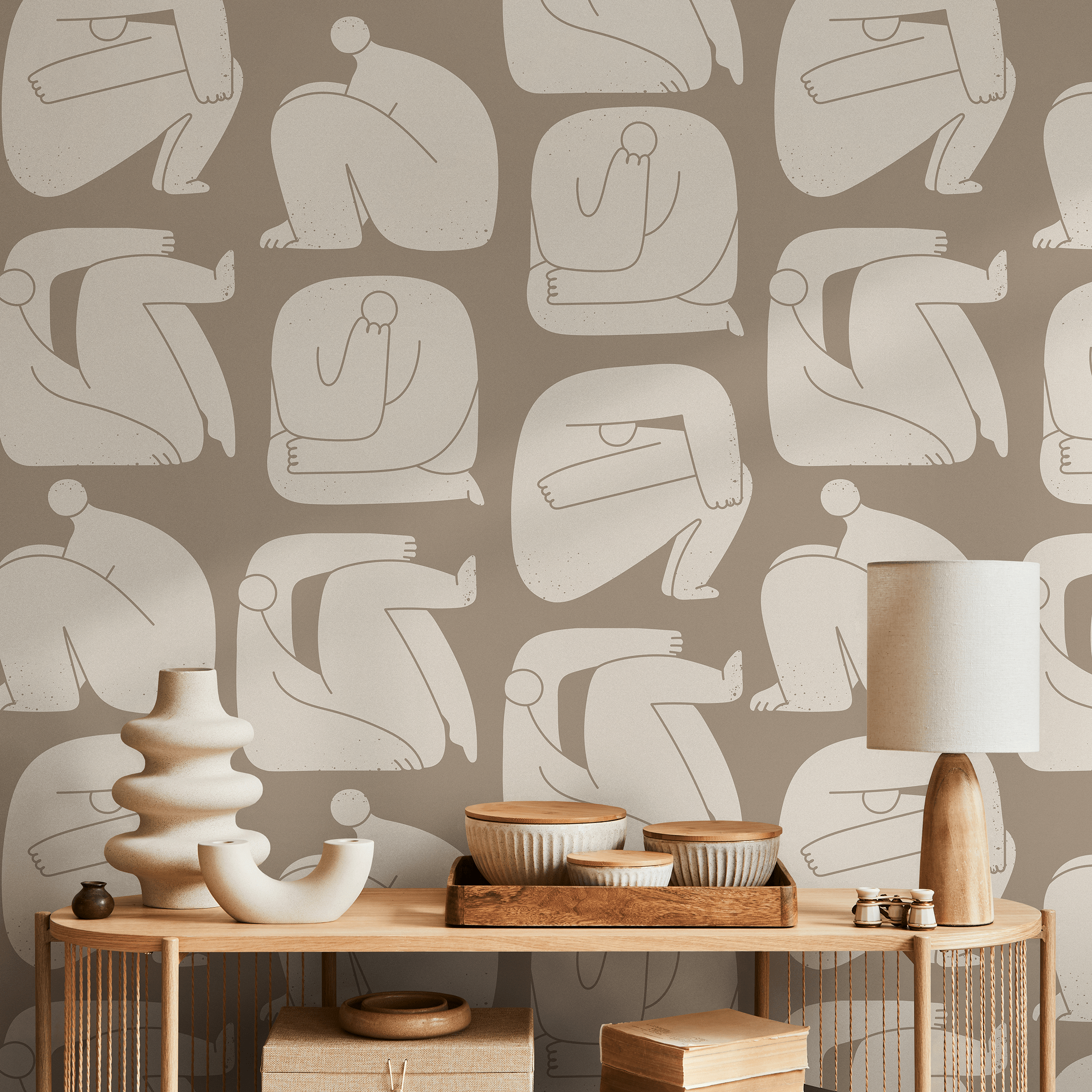 Abstract Wallpaper With Stylized Human Figures In Taupe And Beige - C242