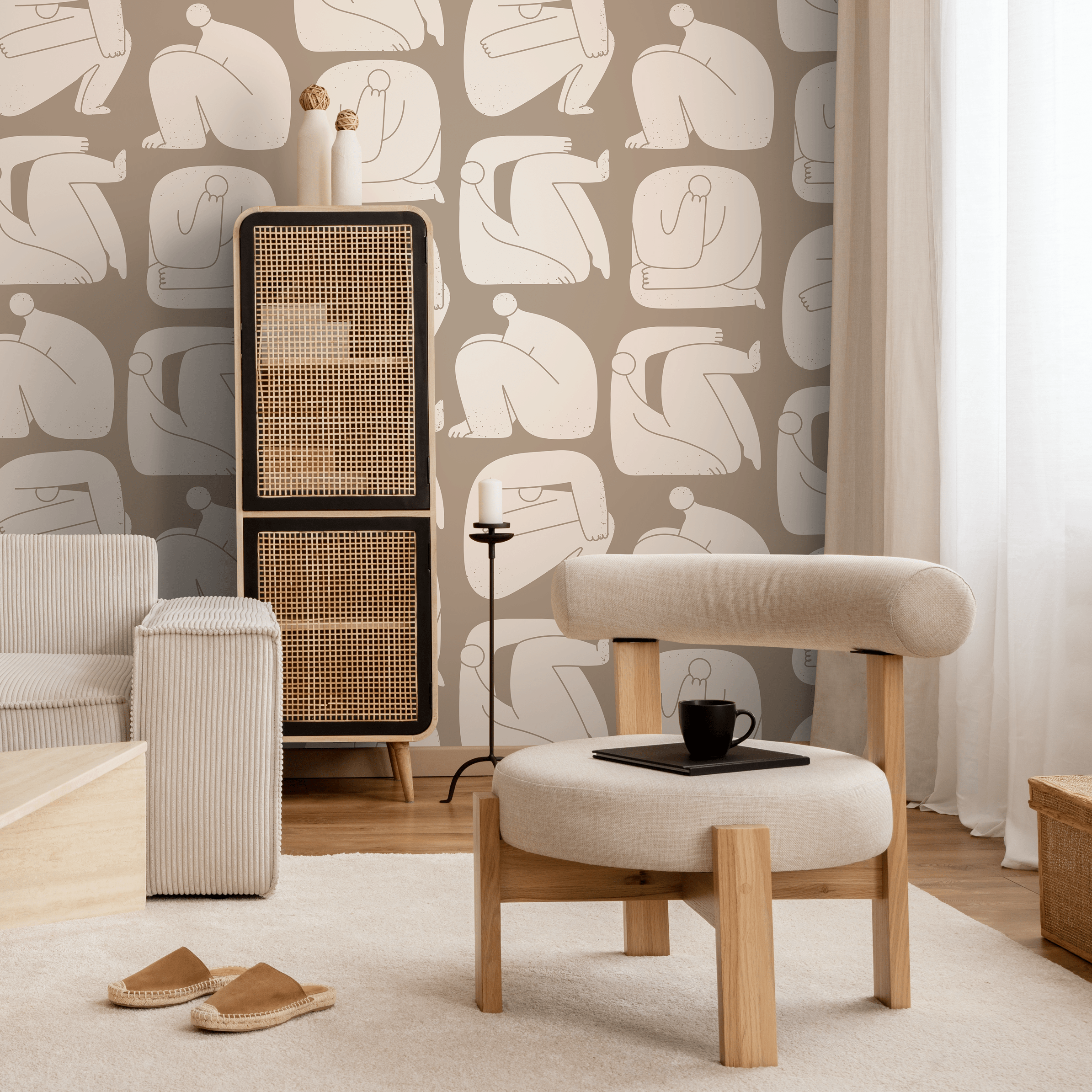Abstract Wallpaper With Stylized Human Figures In Taupe And Beige - C242