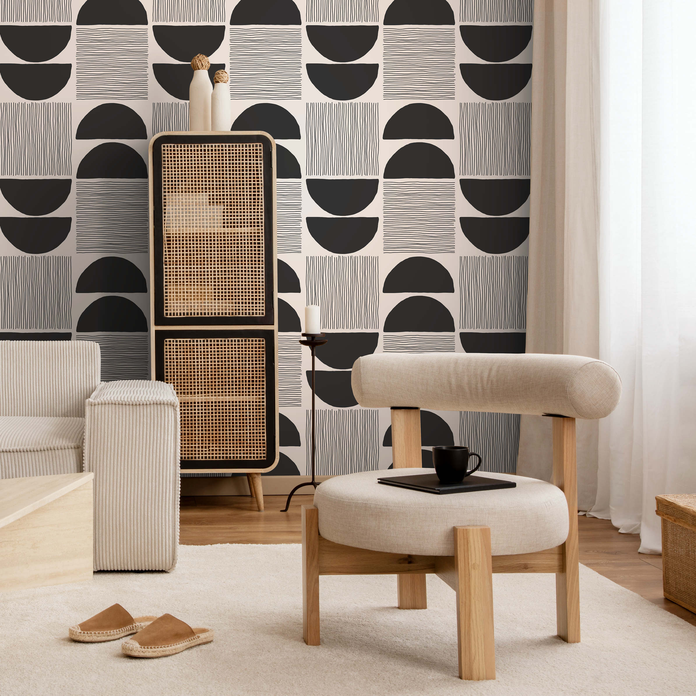 Geometric Wallpaper With A Modern Block Print Motif In Black And Beige - C243