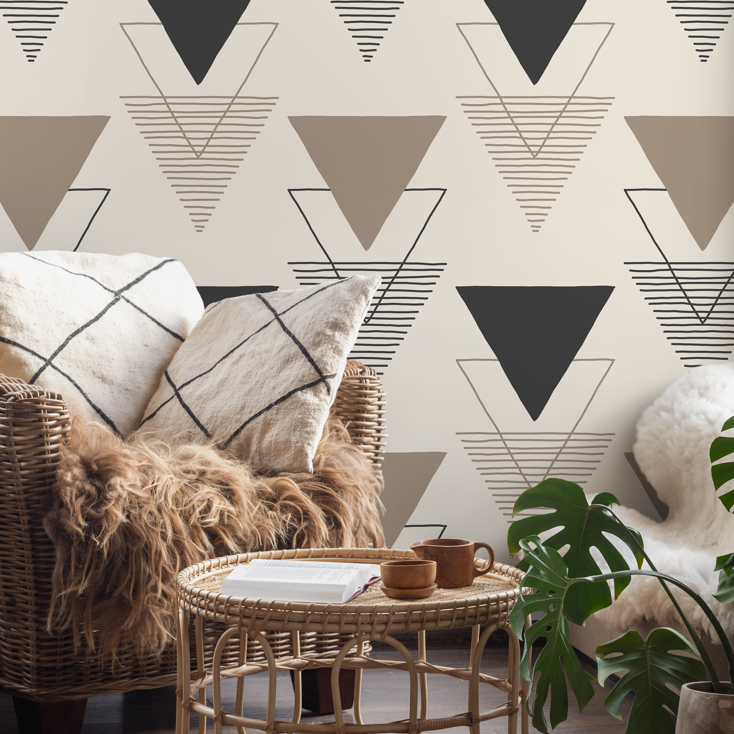Geometric Wallpaper With Layered Triangle Motifs In Black, Taupe, And Cream - C244
