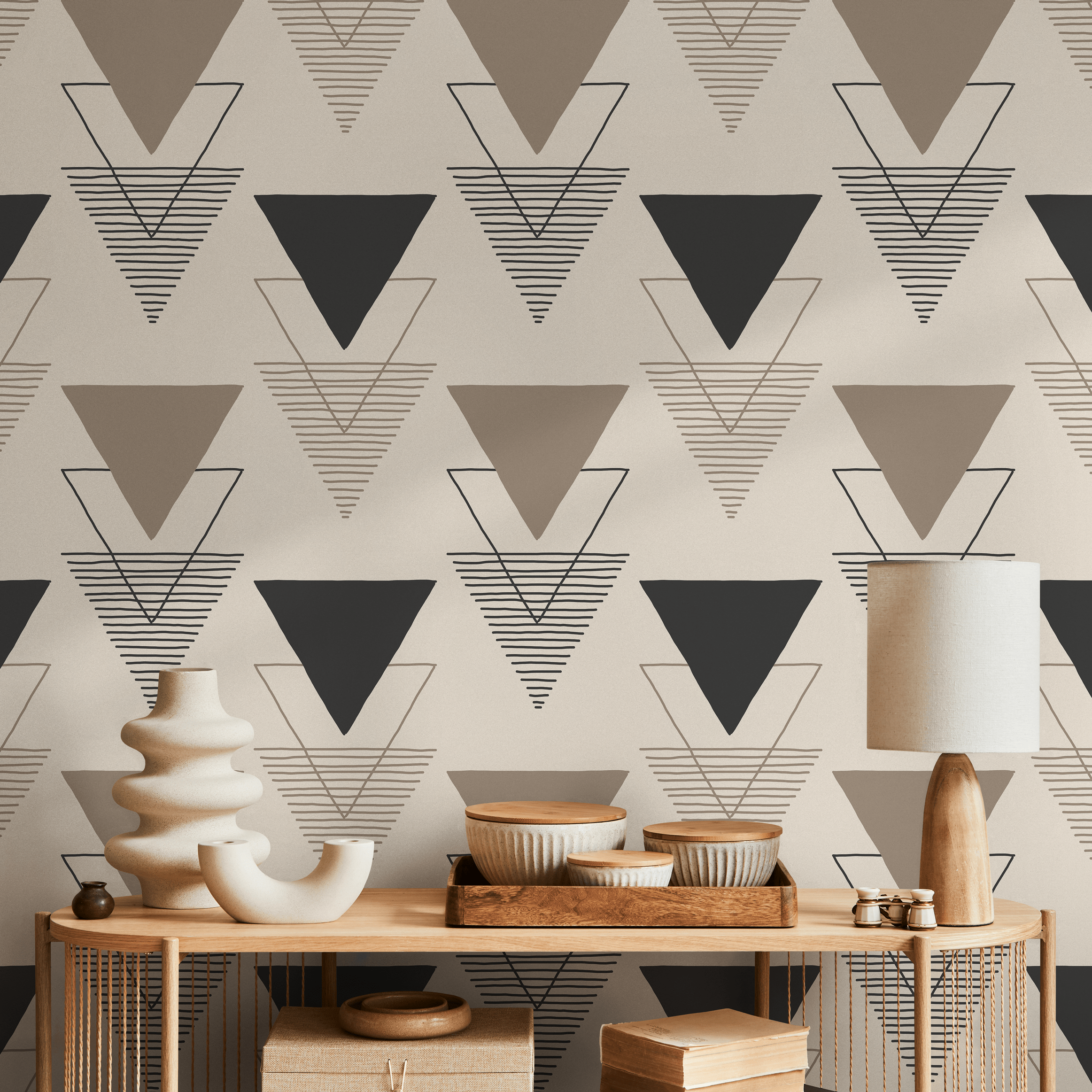 Geometric Wallpaper With Layered Triangle Motifs In Black, Taupe, And Cream - C244