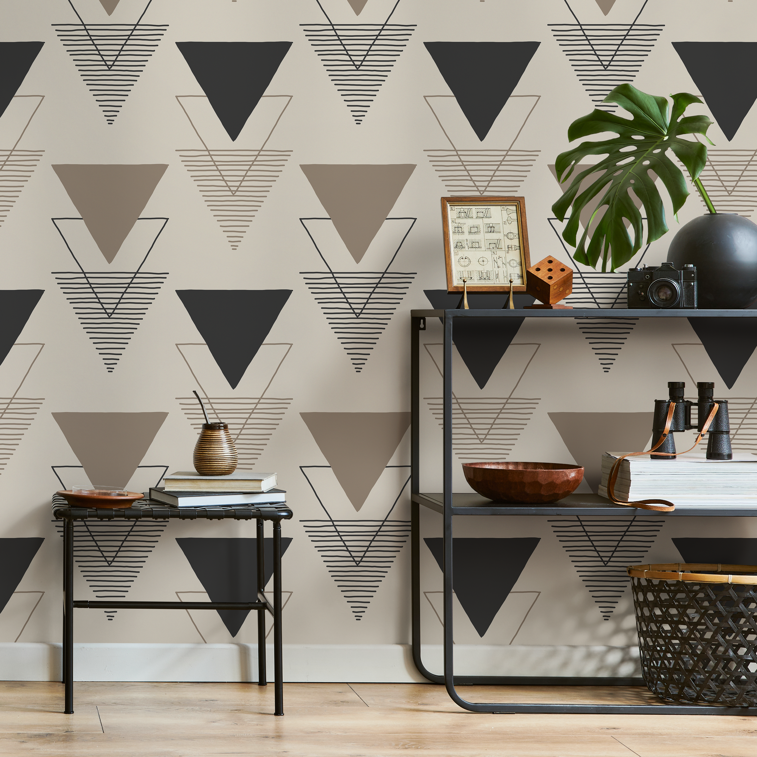 Geometric Wallpaper With Layered Triangle Motifs In Black, Taupe, And Cream - C244