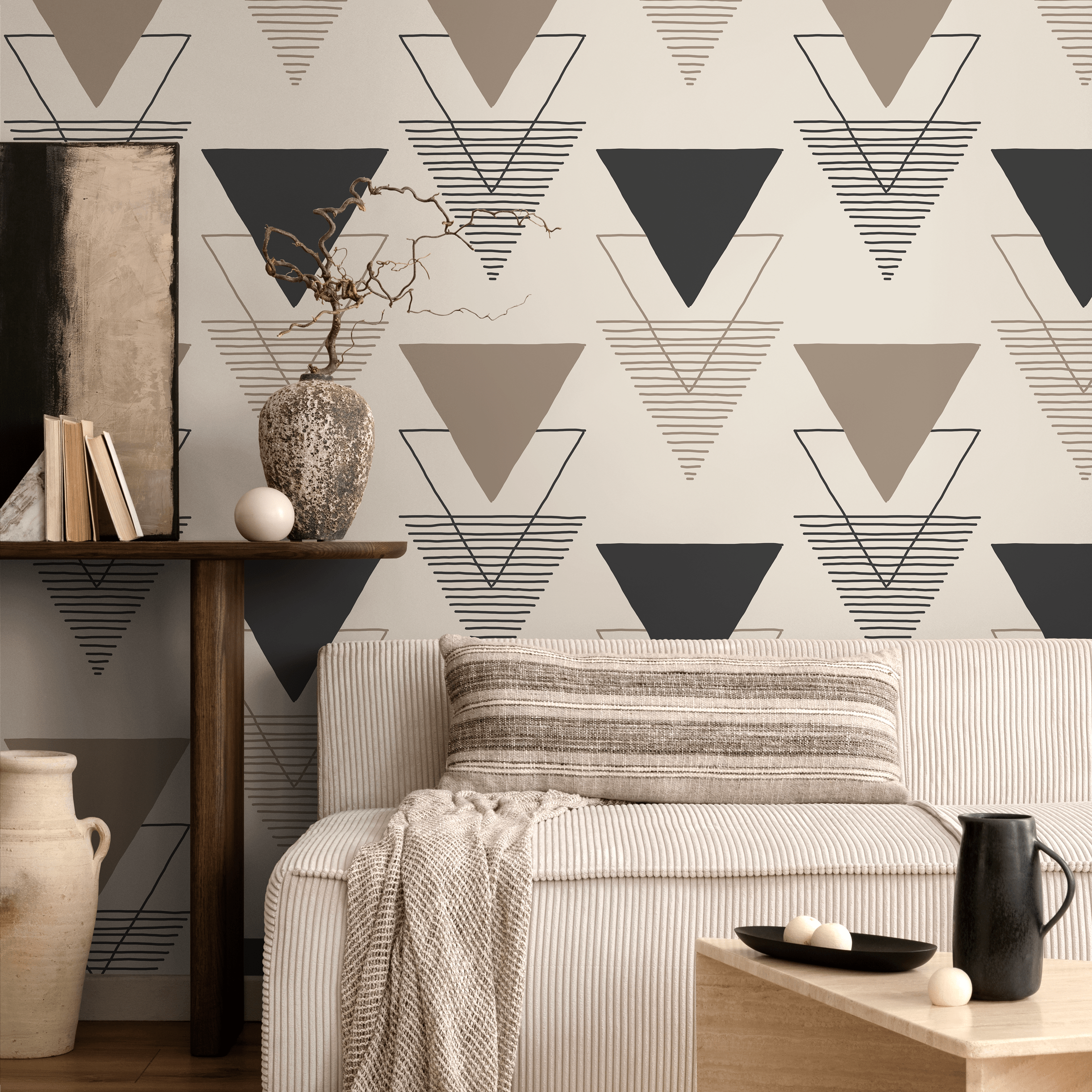 Geometric Wallpaper With Layered Triangle Motifs In Black, Taupe, And Cream - C244