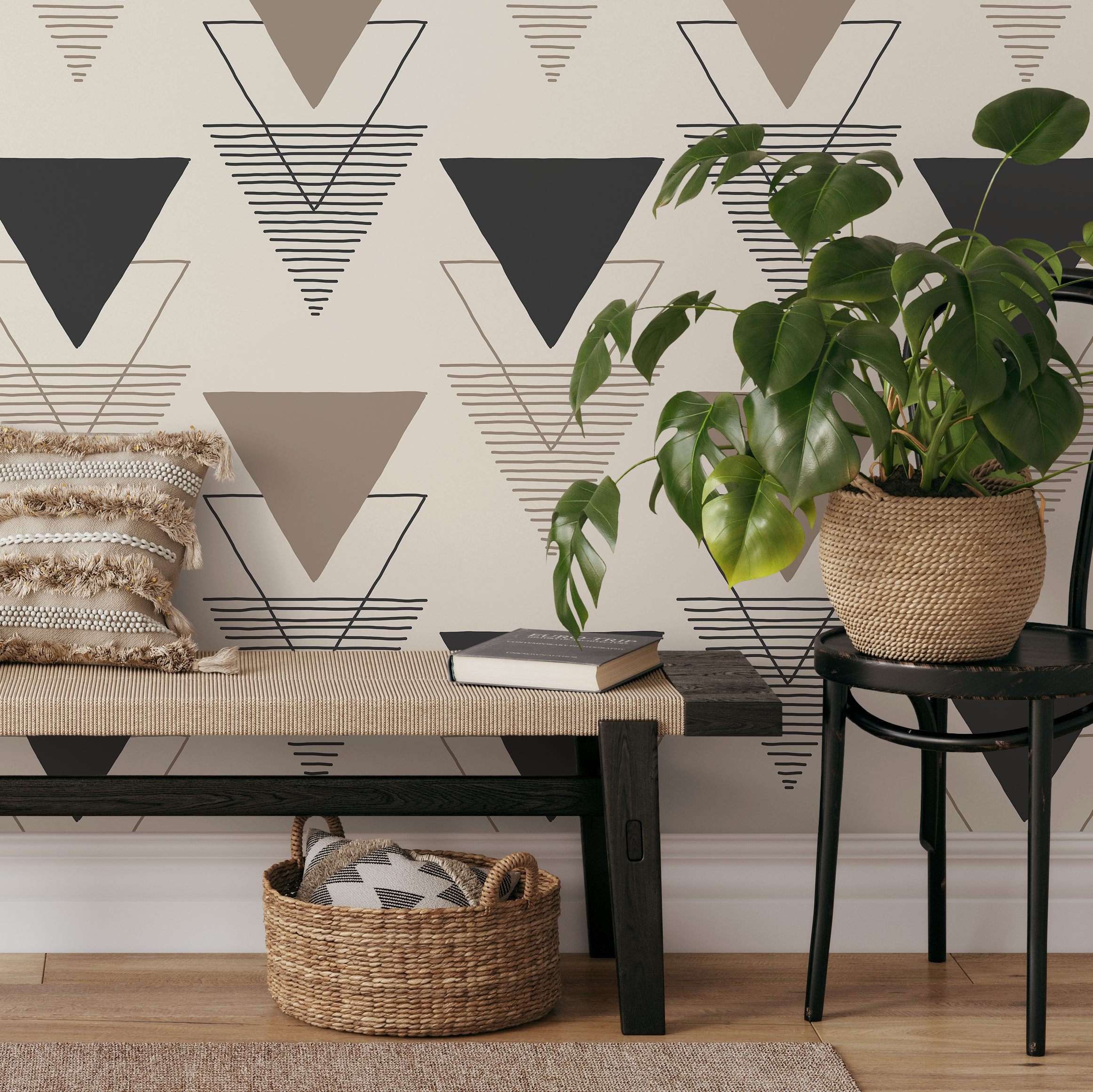Geometric Wallpaper With Layered Triangle Motifs In Black, Taupe, And Cream - C244