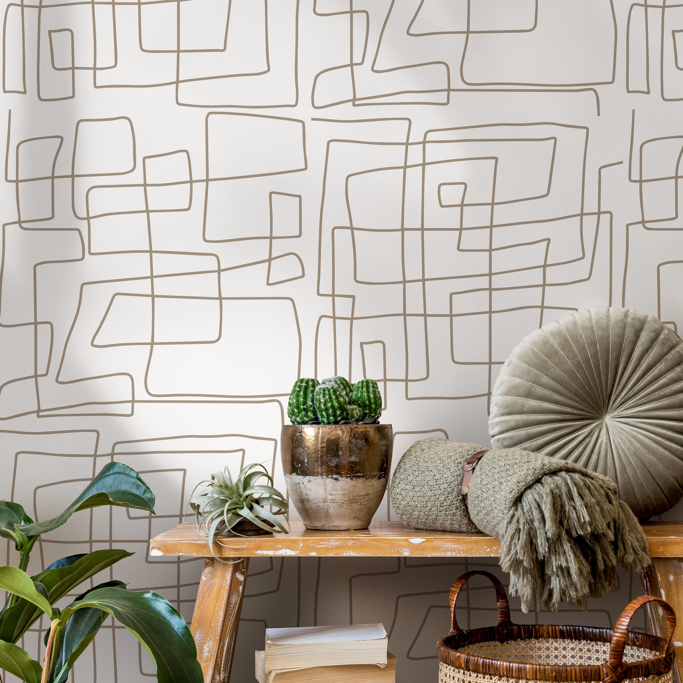 Abstract Wallpaper With A Minimalist Line Art Motif In Beige - C246