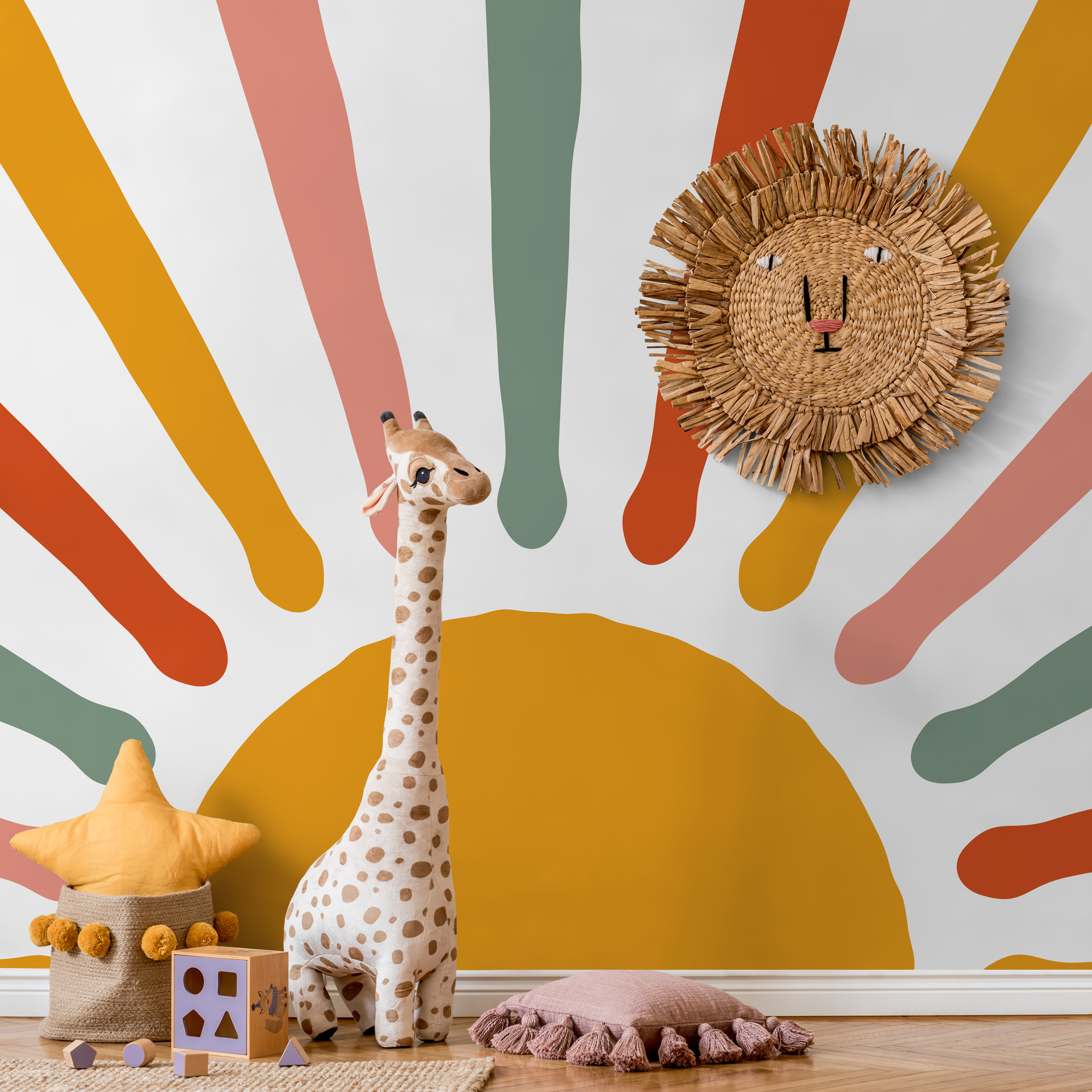 Retro Sun Wallpaper With Abstract Rays In Mustard, Pink, And Green - C250