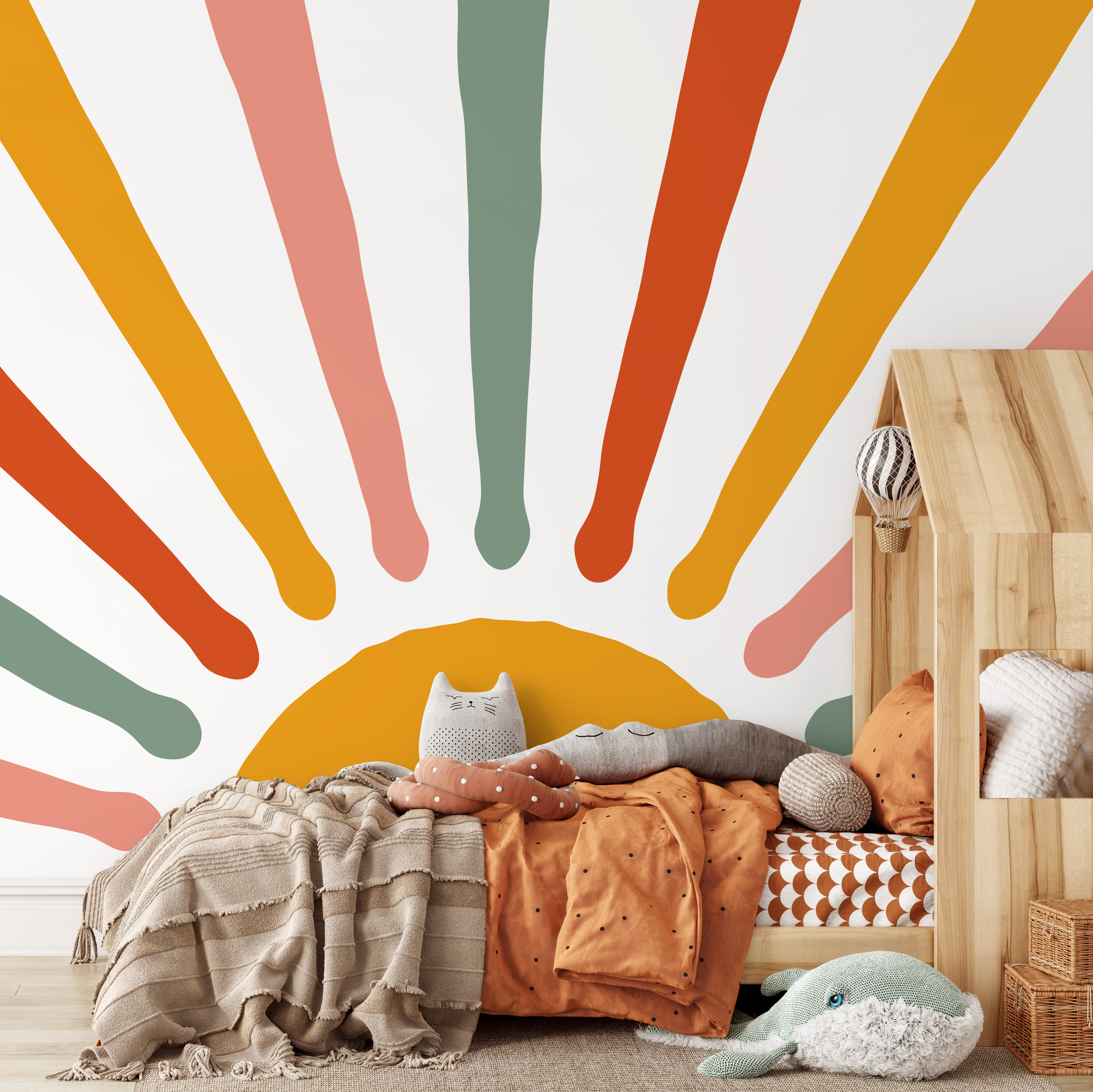 Retro Sun Wallpaper With Abstract Rays In Mustard, Pink, And Green - C250
