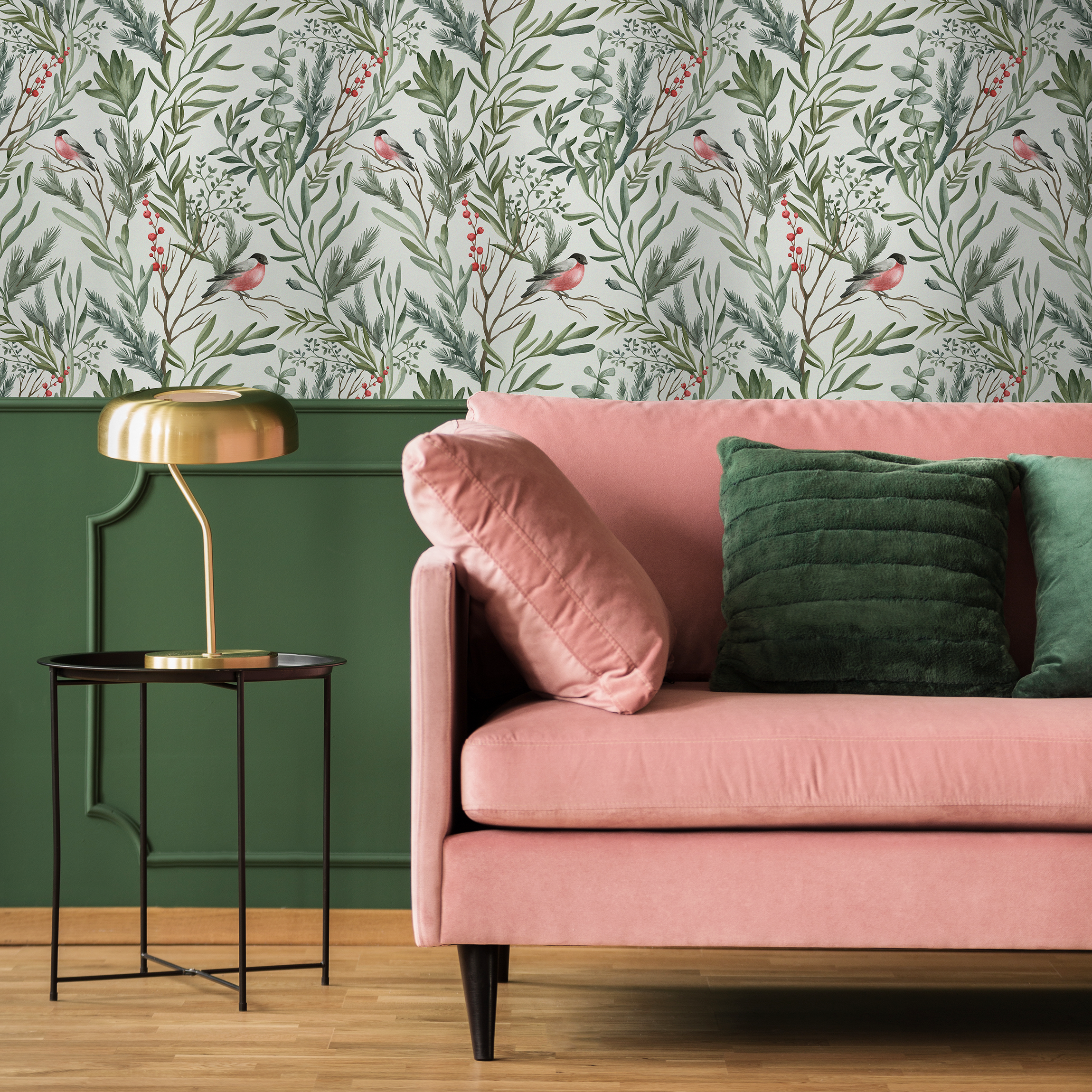 Botanical Wallpaper With Bullfinches And Foliage In Green, Red, And Pink - C252