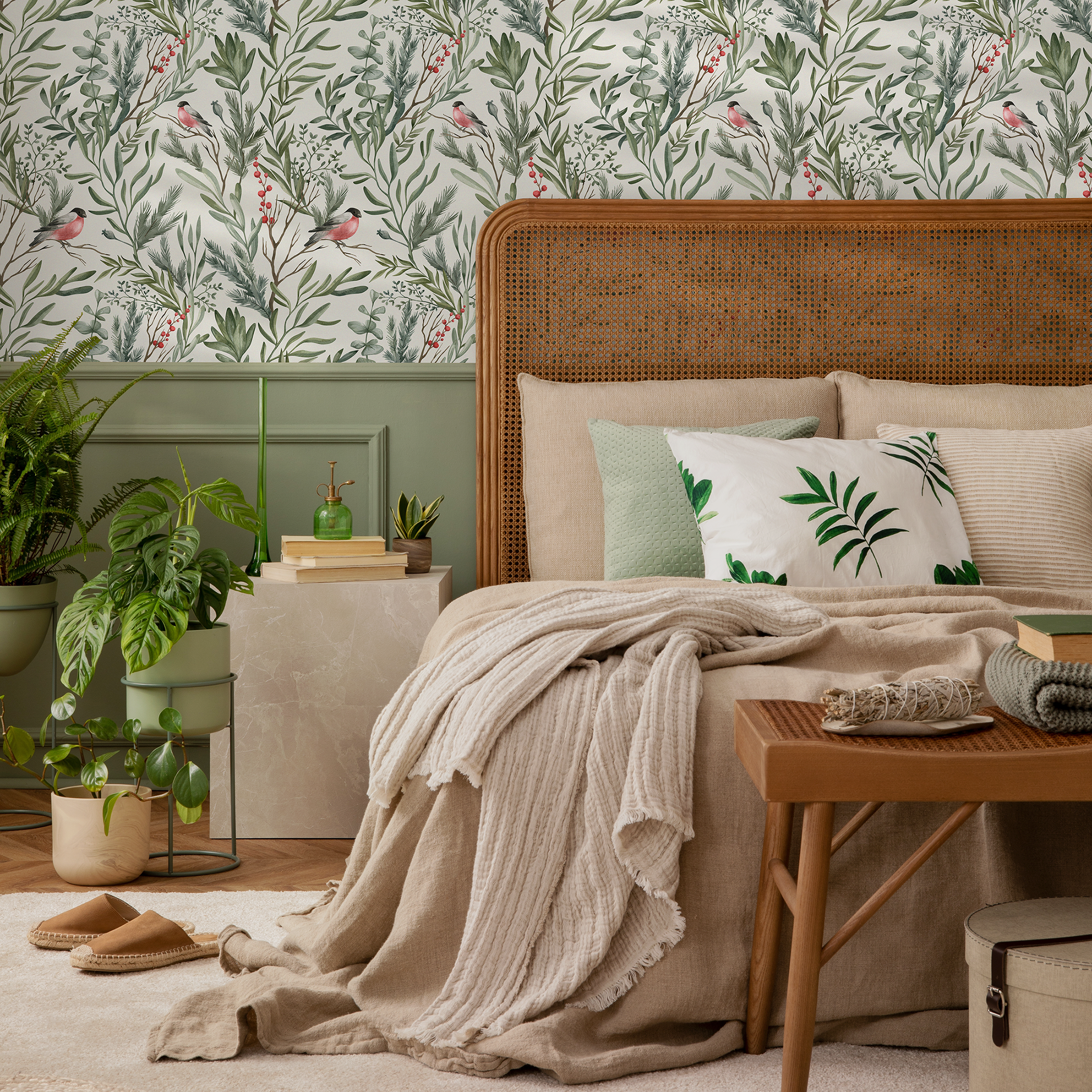 Botanical Wallpaper With Bullfinches And Foliage In Green, Red, And Pink - C252