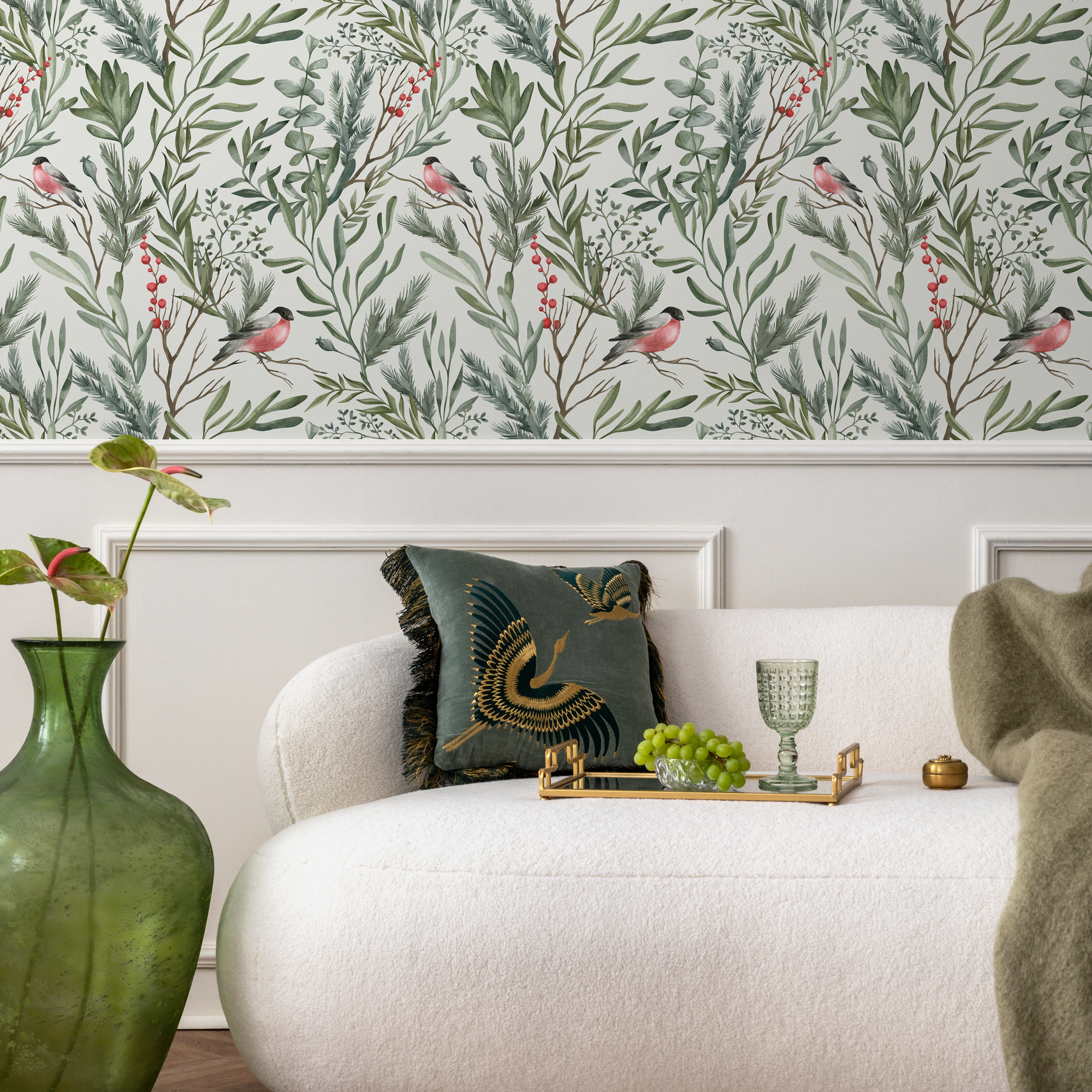 Botanical Wallpaper With Bullfinches And Foliage In Green, Red, And Pink - C252