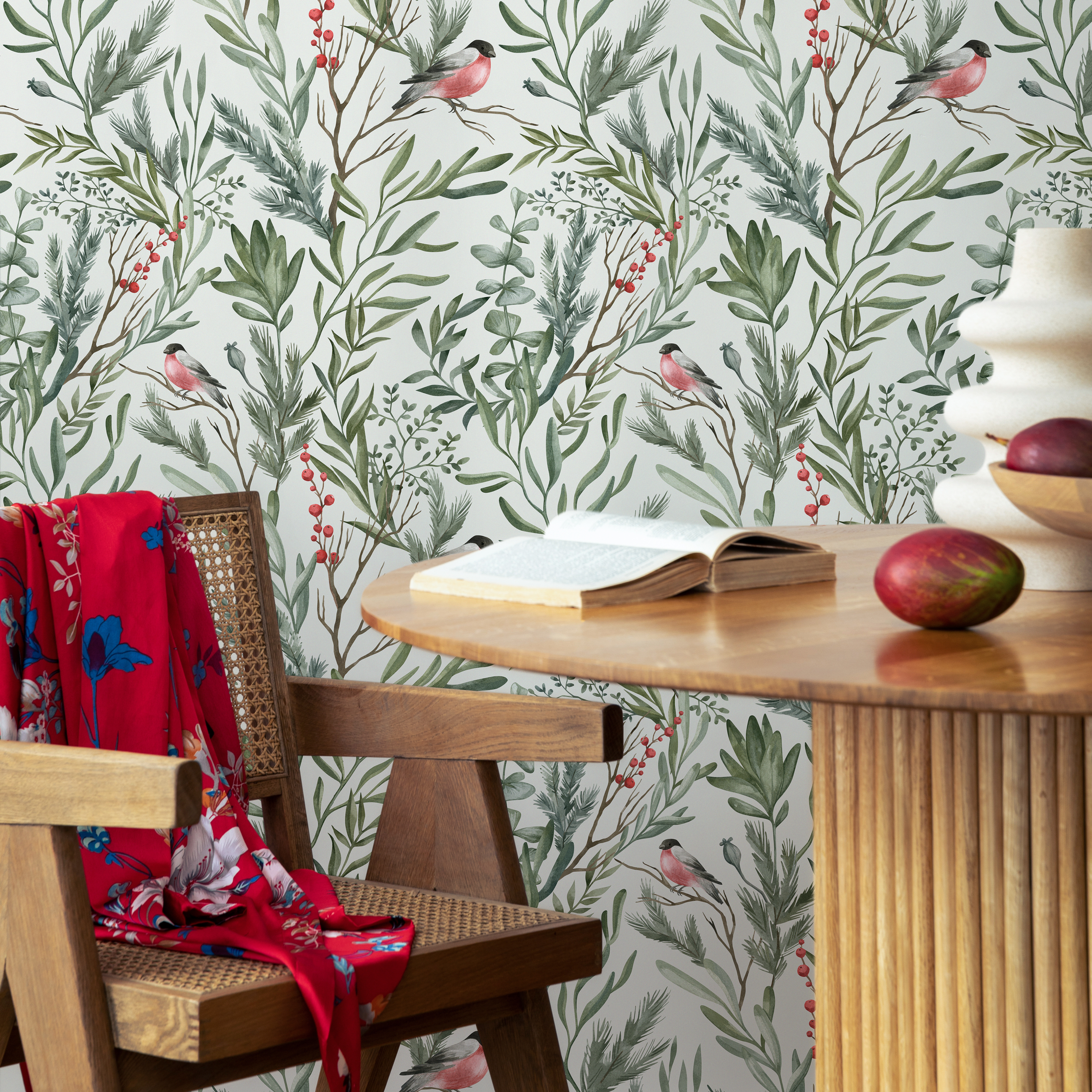 Botanical Wallpaper With Bullfinches And Foliage In Green, Red, And Pink - C252