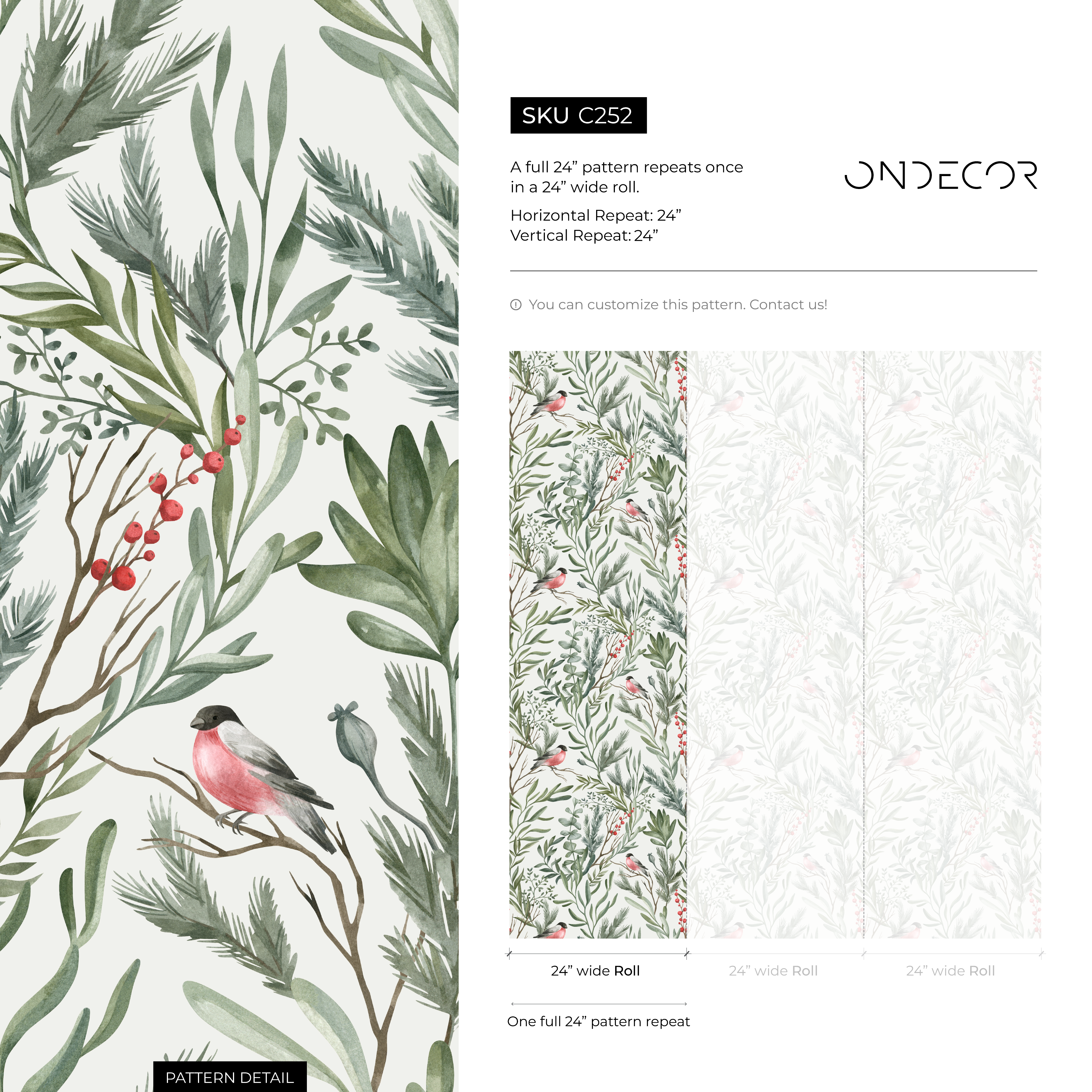 Botanical Wallpaper With Bullfinches And Foliage In Green, Red, And Pink - C252