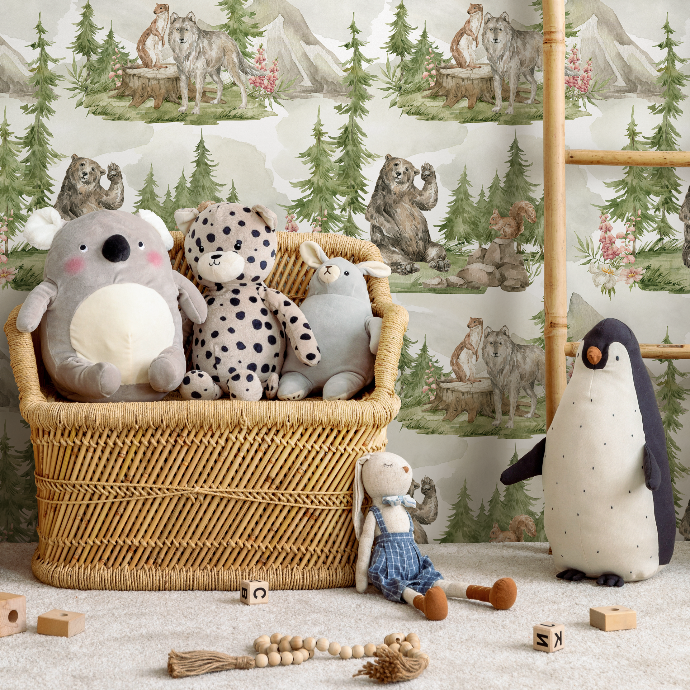 Woodland Wallpaper With Bears And Wolves In A Forest In Green, Brown, And Gray - C254