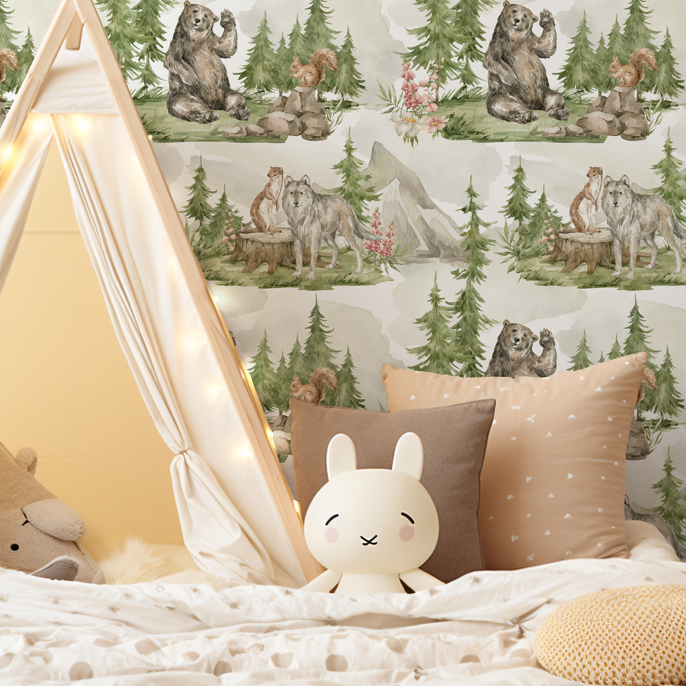 Woodland Wallpaper With Bears And Wolves In A Forest In Green, Brown, And Gray - C254