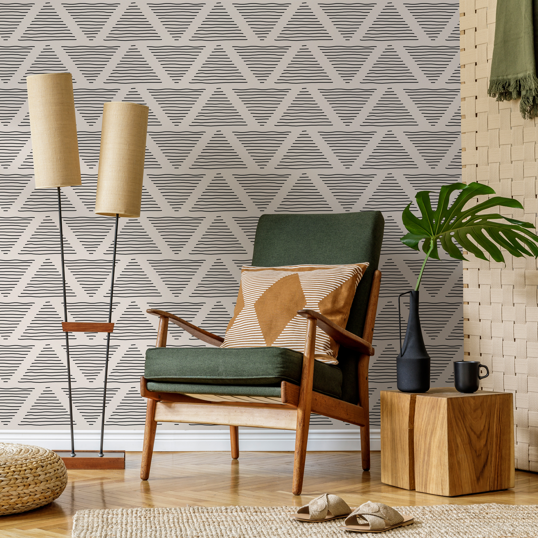 Geometric Wallpaper With Hand-drawn Striped Triangles In Black And Beige - C258