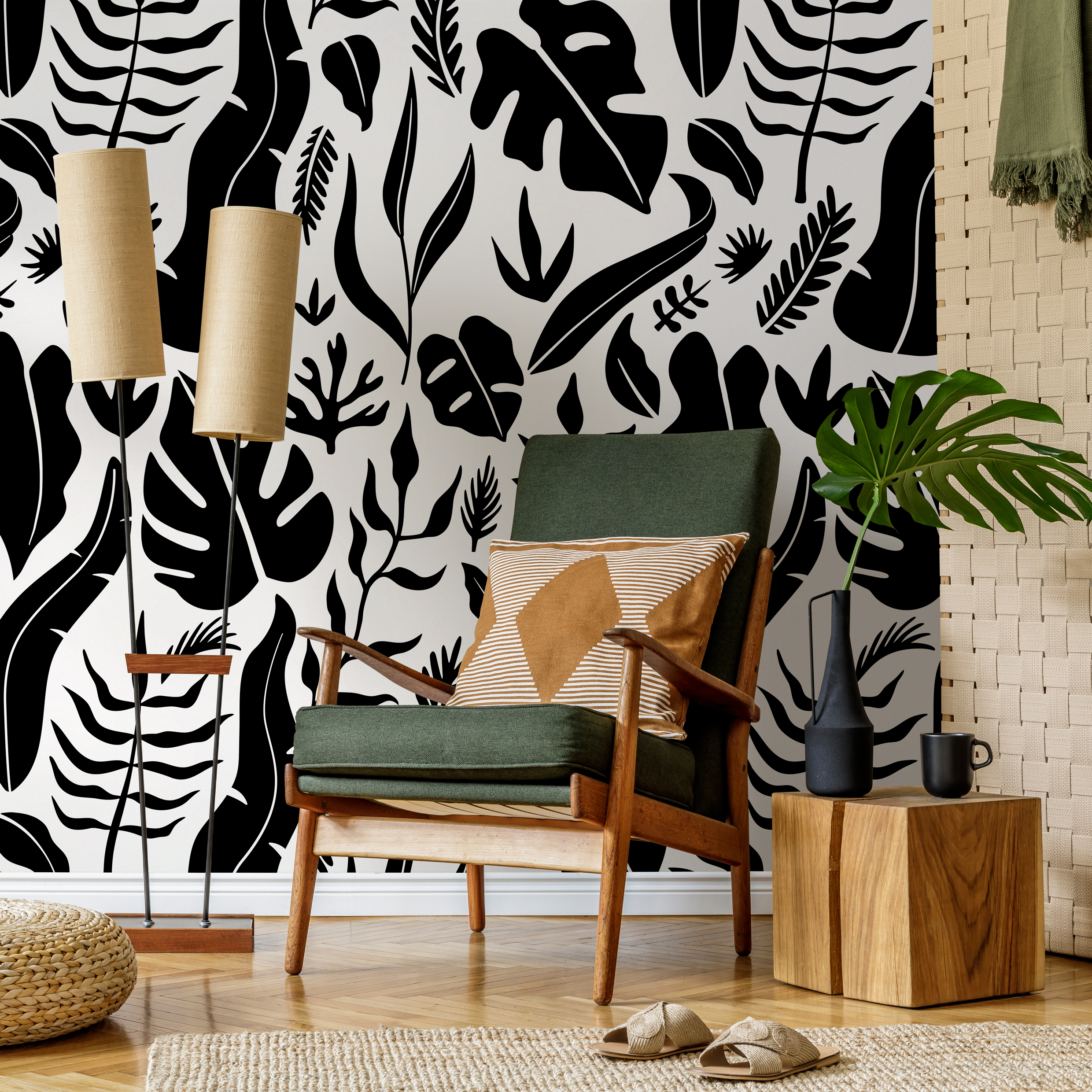Botanical Wallpaper Featuring A Bold Tropical Leaf Motif In Black And White - C261