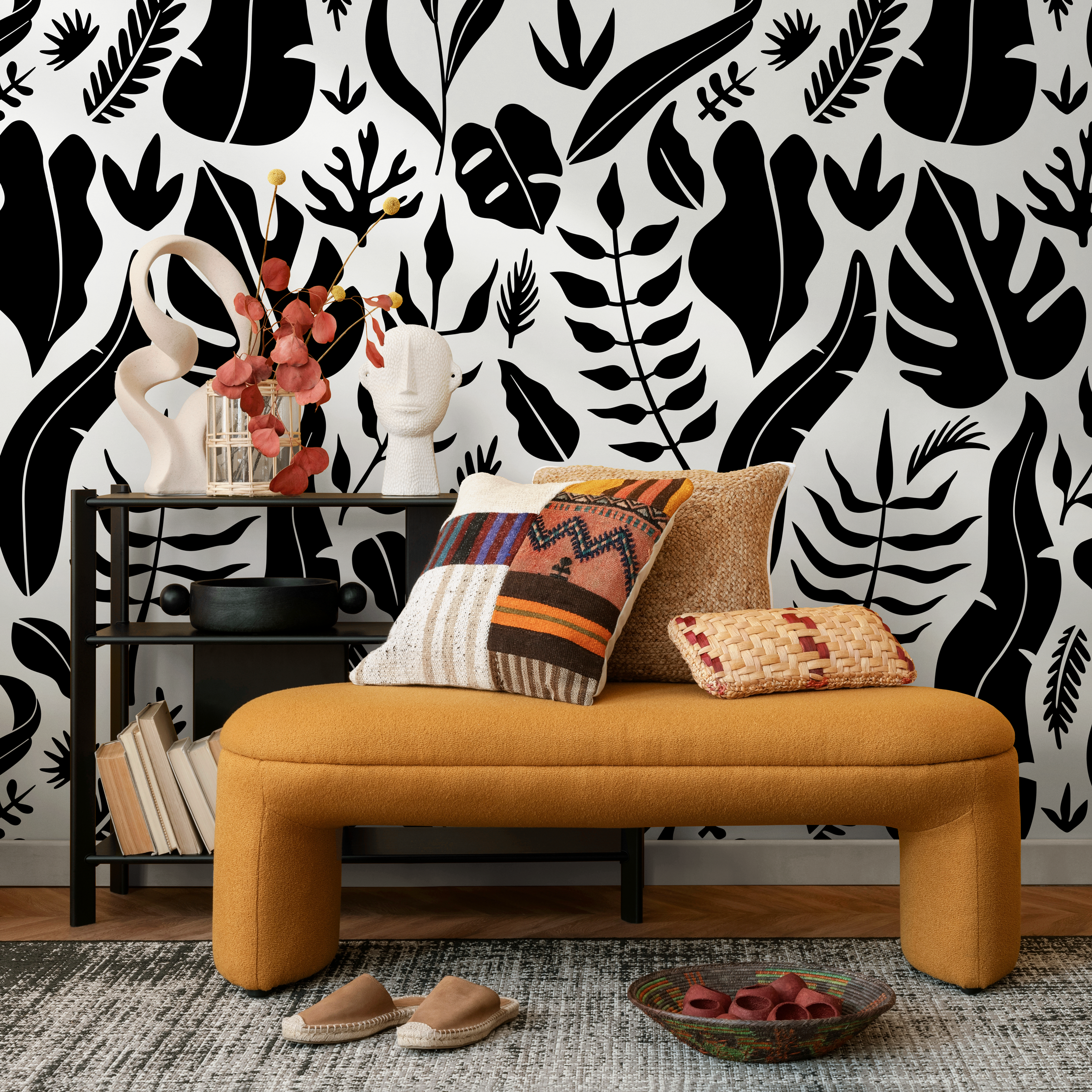 Botanical Wallpaper Featuring A Bold Tropical Leaf Motif In Black And White - C261