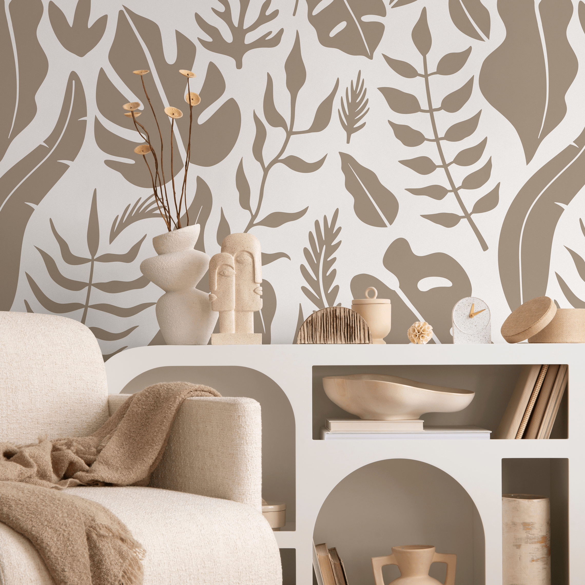 Botanical Wallpaper With Stylized Tropical Leaves In Taupe - C262