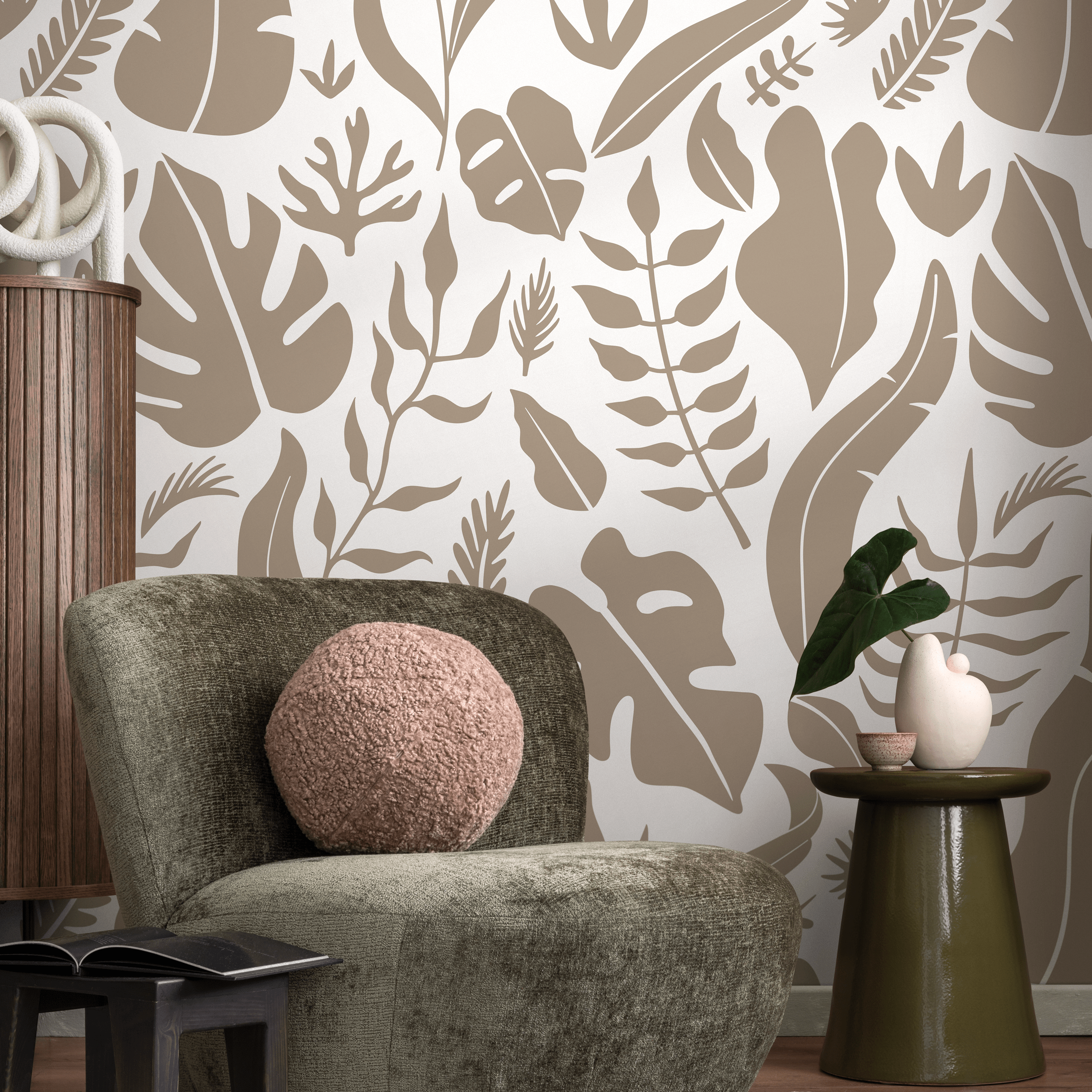 Botanical Wallpaper With Stylized Tropical Leaves In Taupe - C262