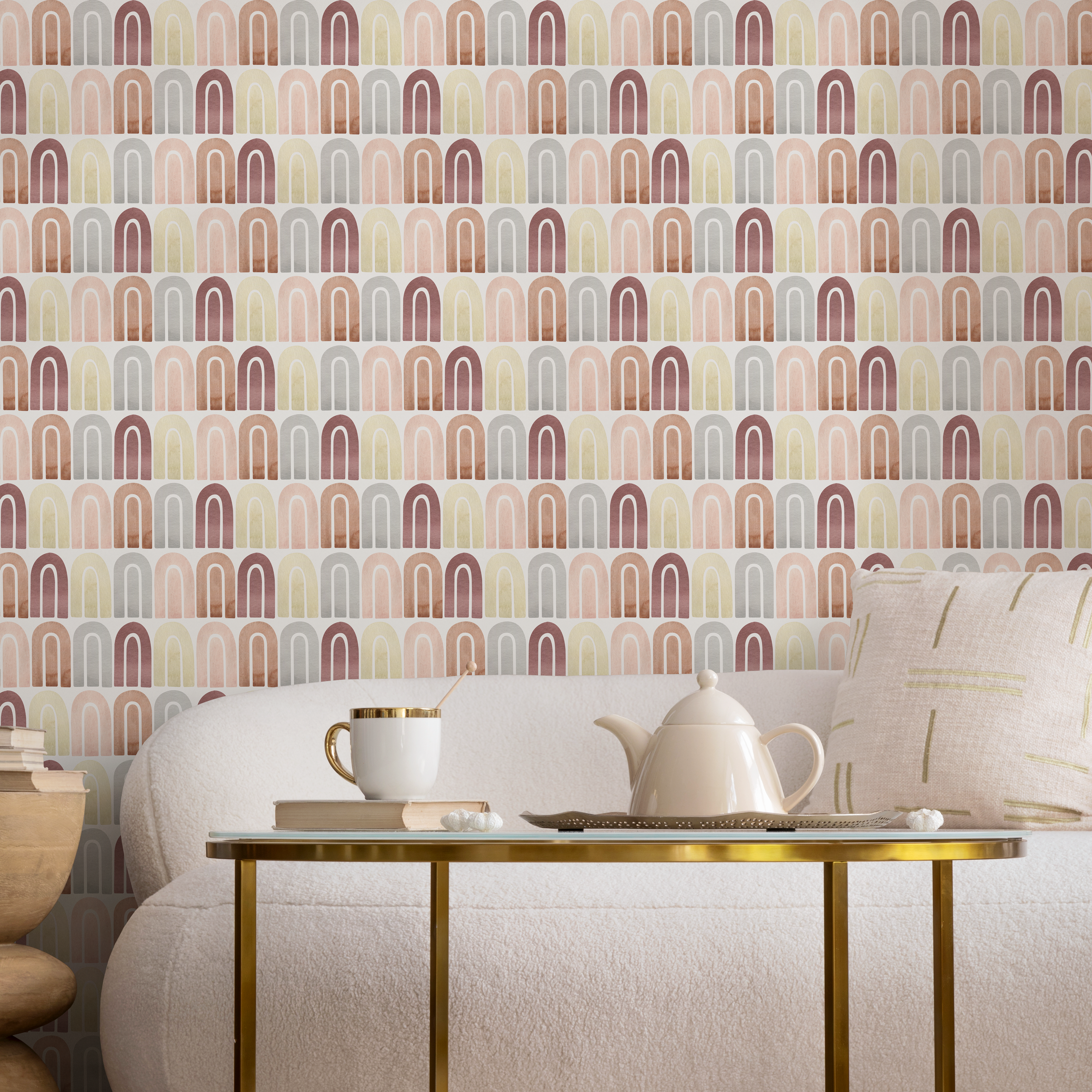 Geometric Wallpaper With Watercolor Arches In Terracotta, Pink, And Yellow - C263