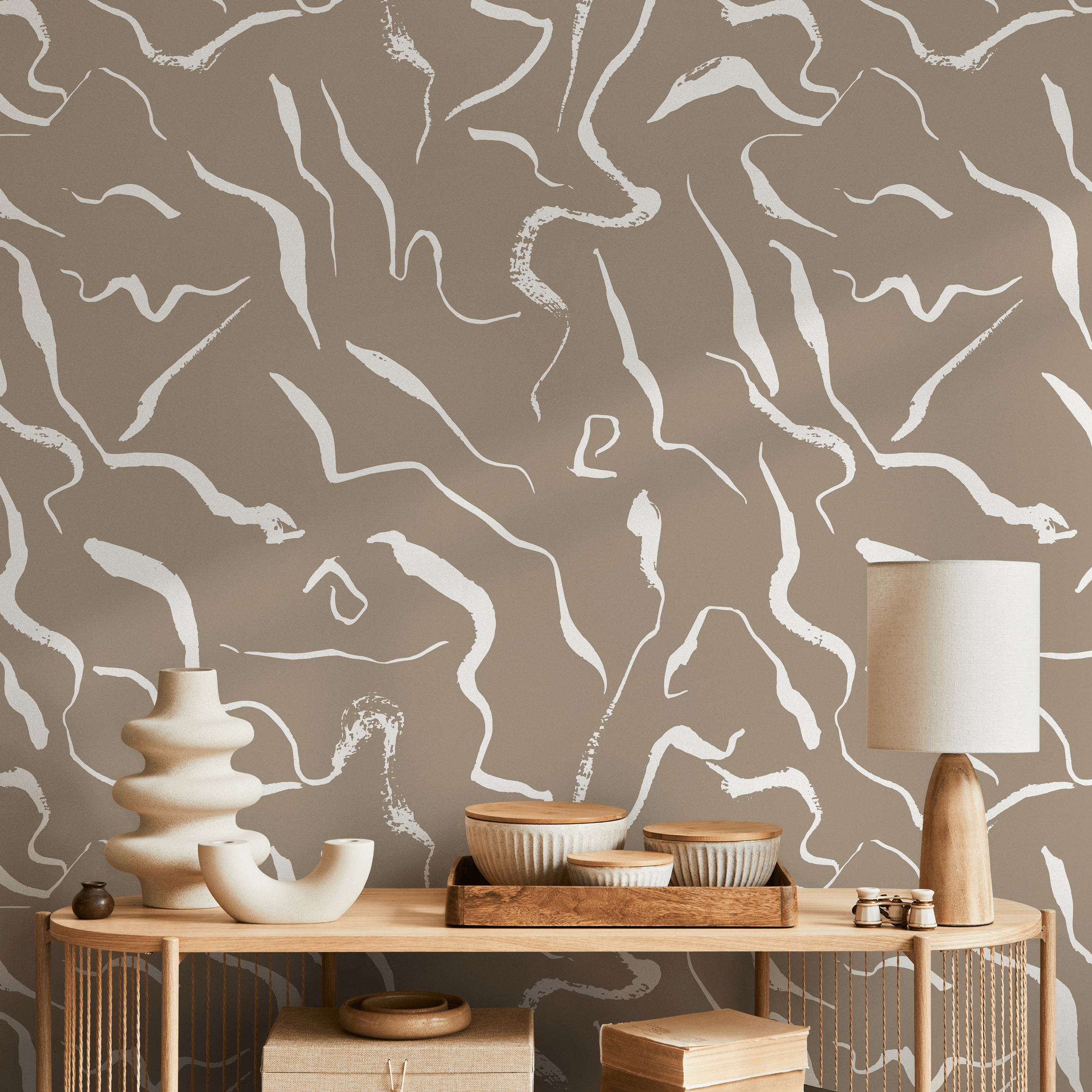 Abstract Wallpaper With Wavy Brush Strokes In Taupe And Off-white - C264