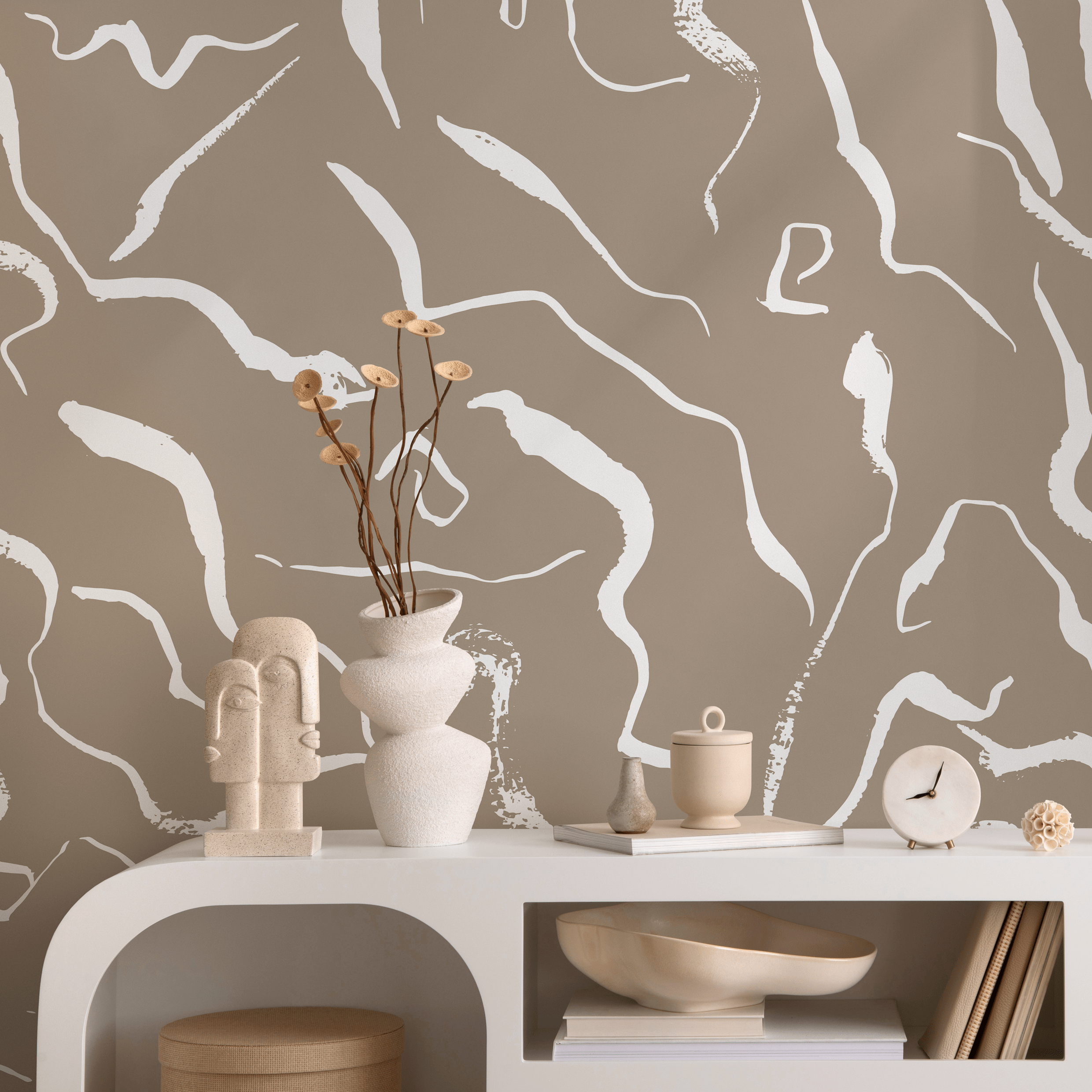 Abstract Wallpaper With Wavy Brush Strokes In Taupe And Off-white - C264