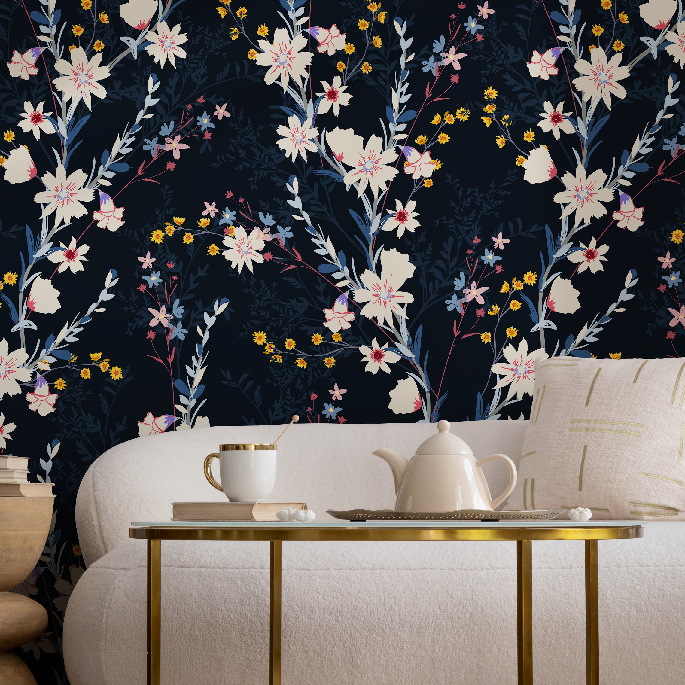 Floral Wallpaper With A Moody Wildflower Motif In Dark Blue, Cream, And Yellow - C266