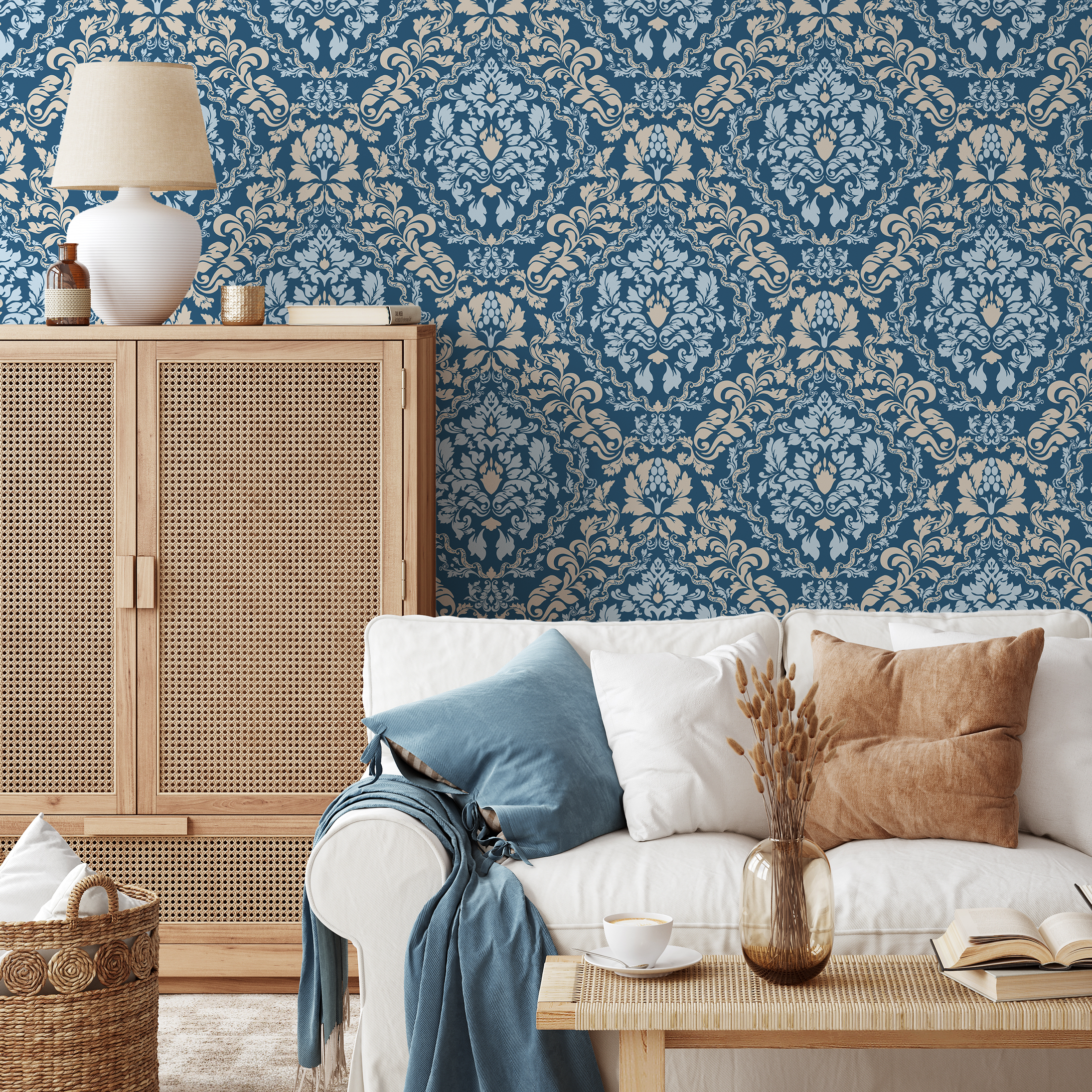 Damask Wallpaper With A Classic Ornate Motif In Blue, Beige, And Light Blue - C269