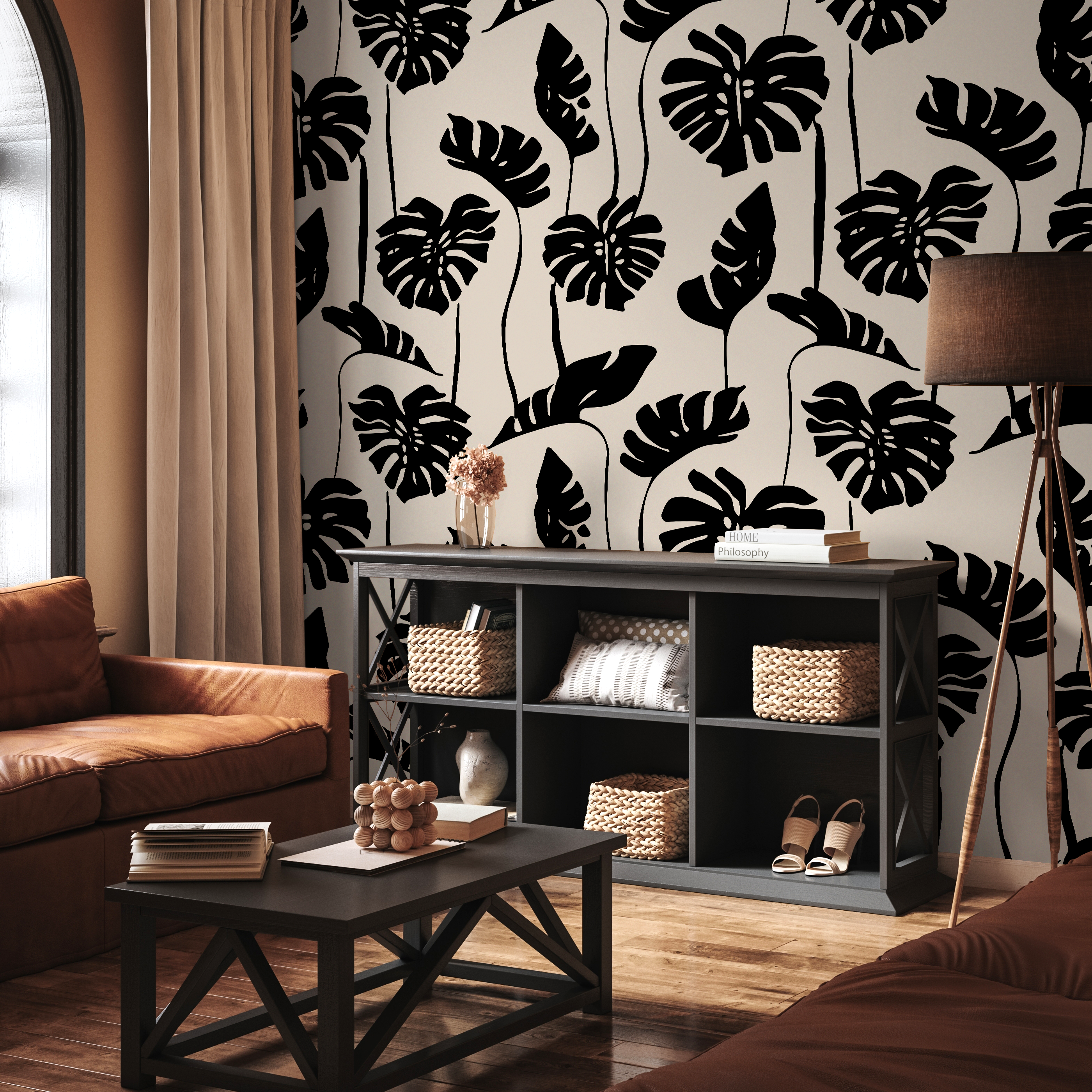 Botanical Wallpaper With A Bold Monstera Leaf Motif In Black And Beige - C270