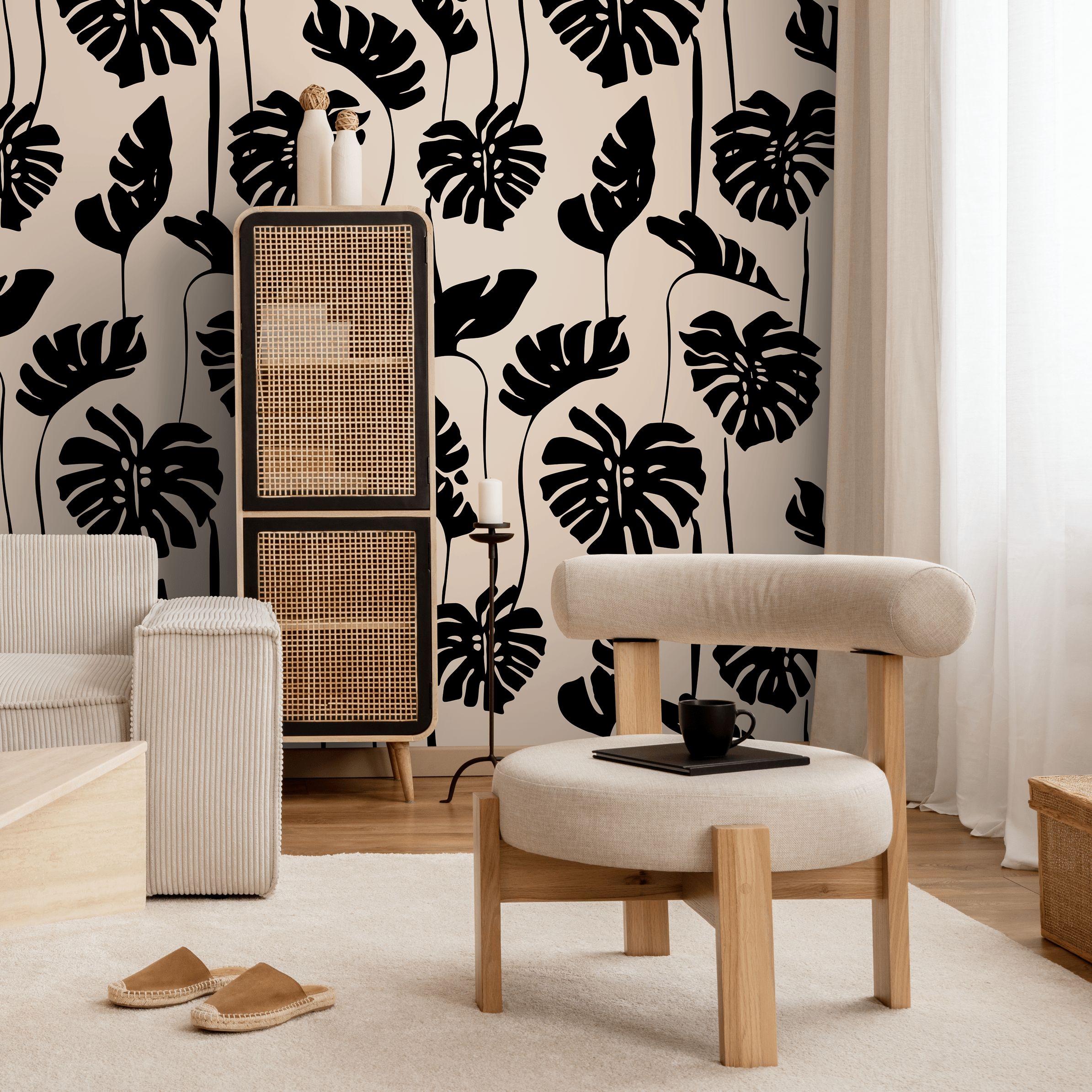 Botanical Wallpaper With A Bold Monstera Leaf Motif In Black And Beige - C270