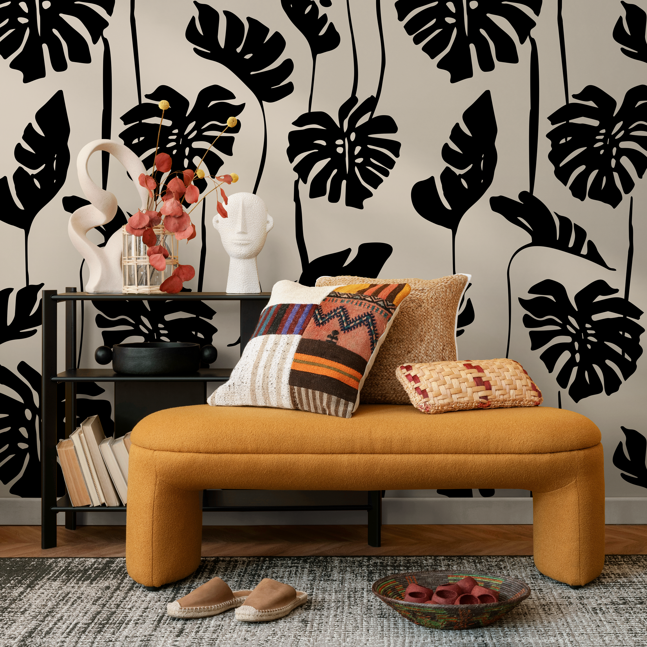 Botanical Wallpaper With A Bold Monstera Leaf Motif In Black And Beige - C270