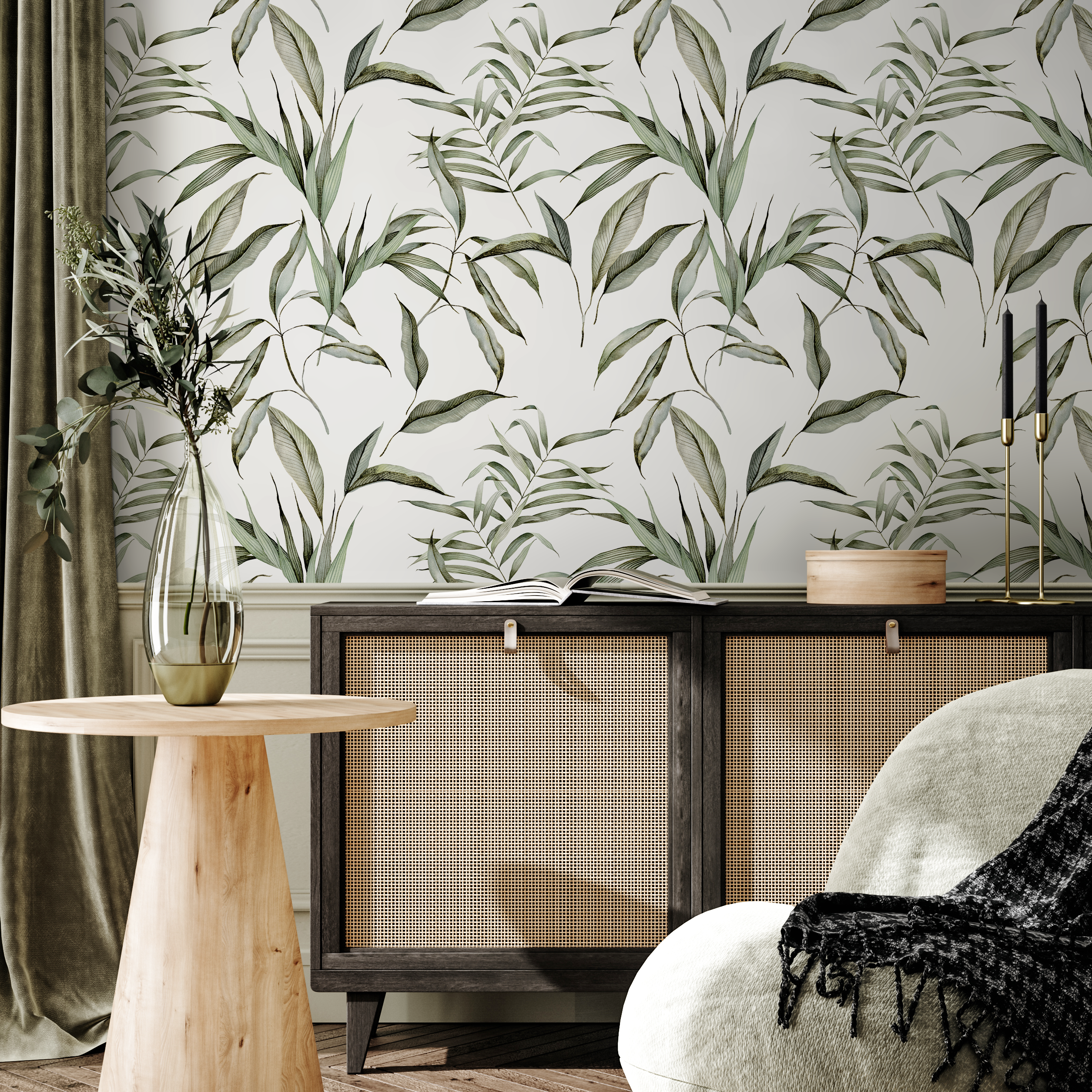 Botanical Wallpaper With Lush Greenery In Green - C271