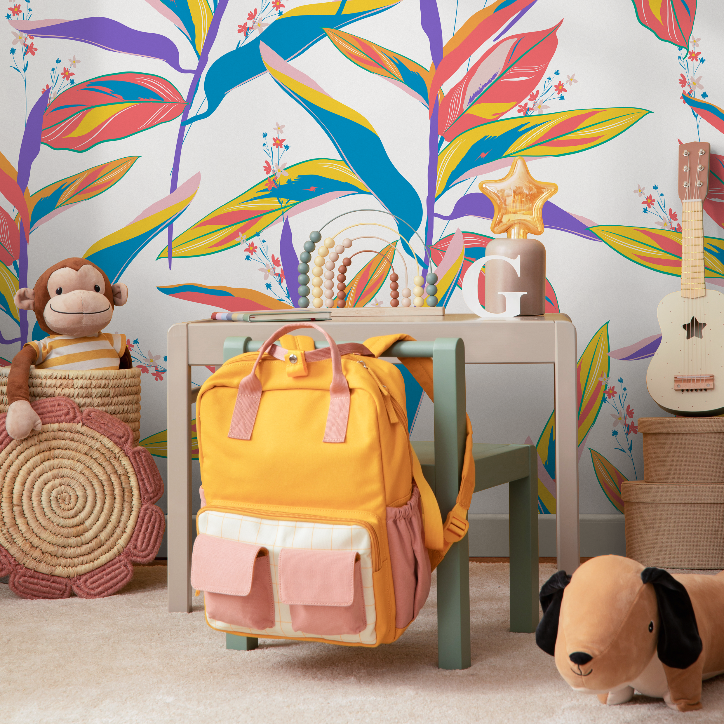 Botanical Wallpaper With Colorful Foliage In Blue, Yellow, And Pink - C274