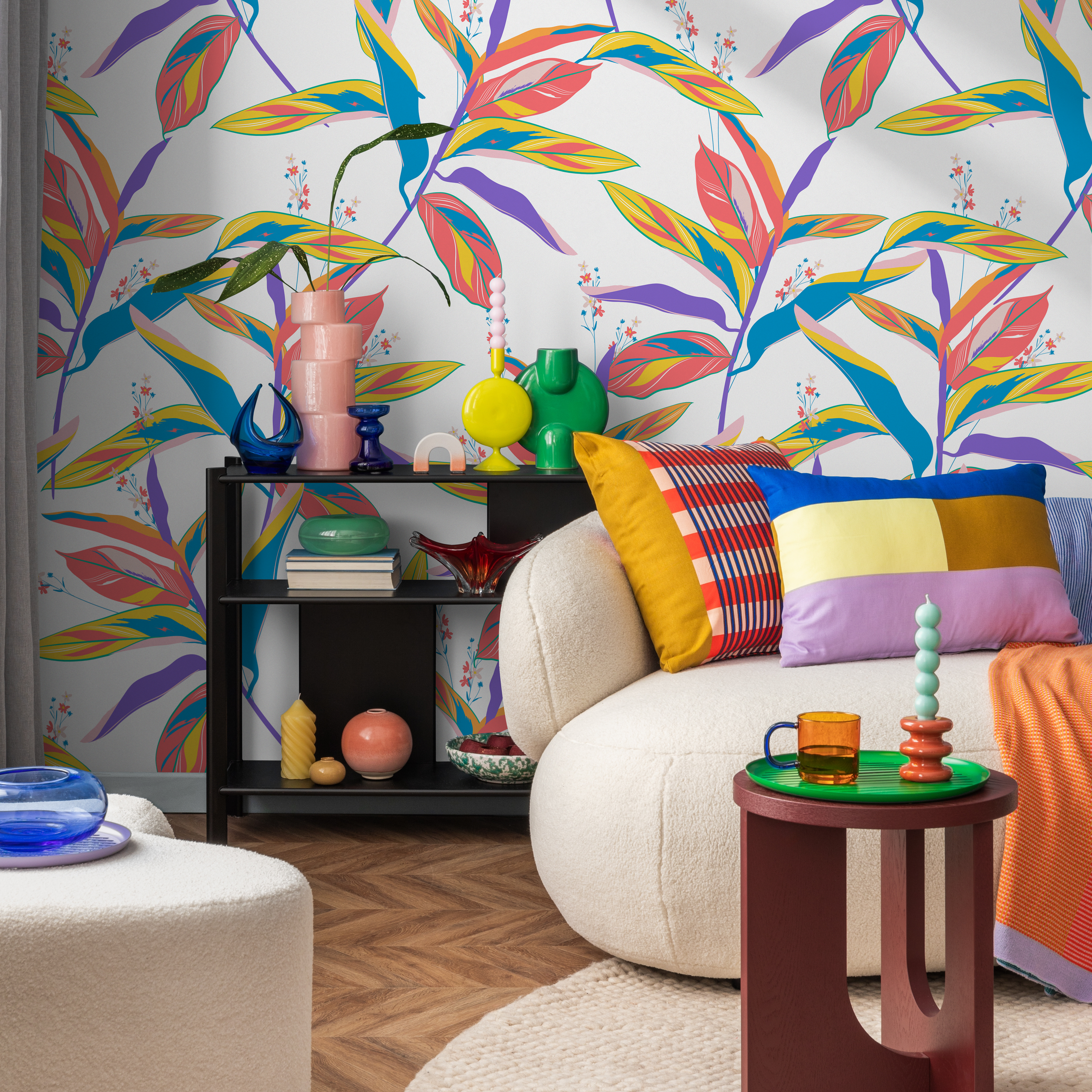 Botanical Wallpaper With Colorful Foliage In Blue, Yellow, And Pink - C274