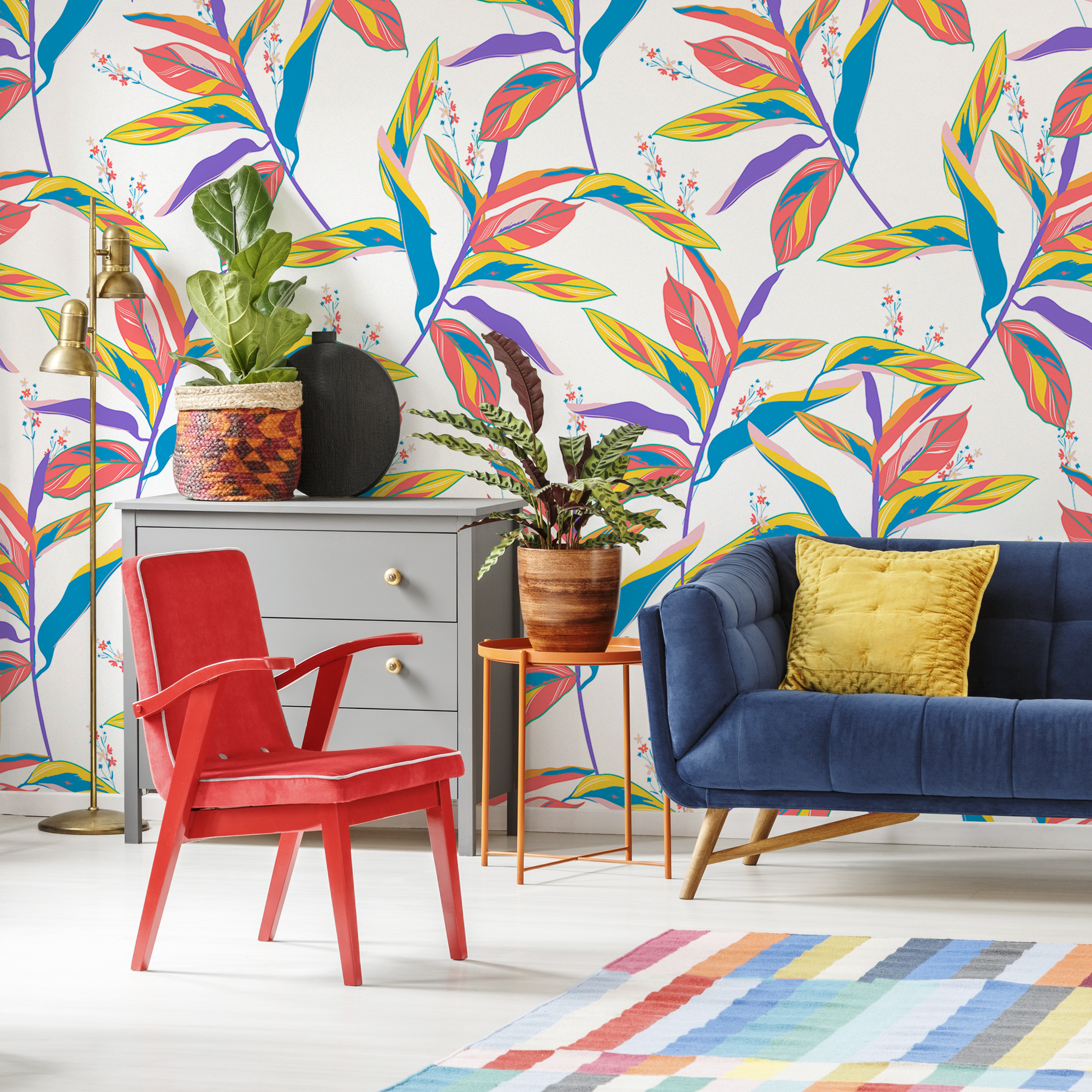 Botanical Wallpaper With Colorful Foliage In Blue, Yellow, And Pink - C274