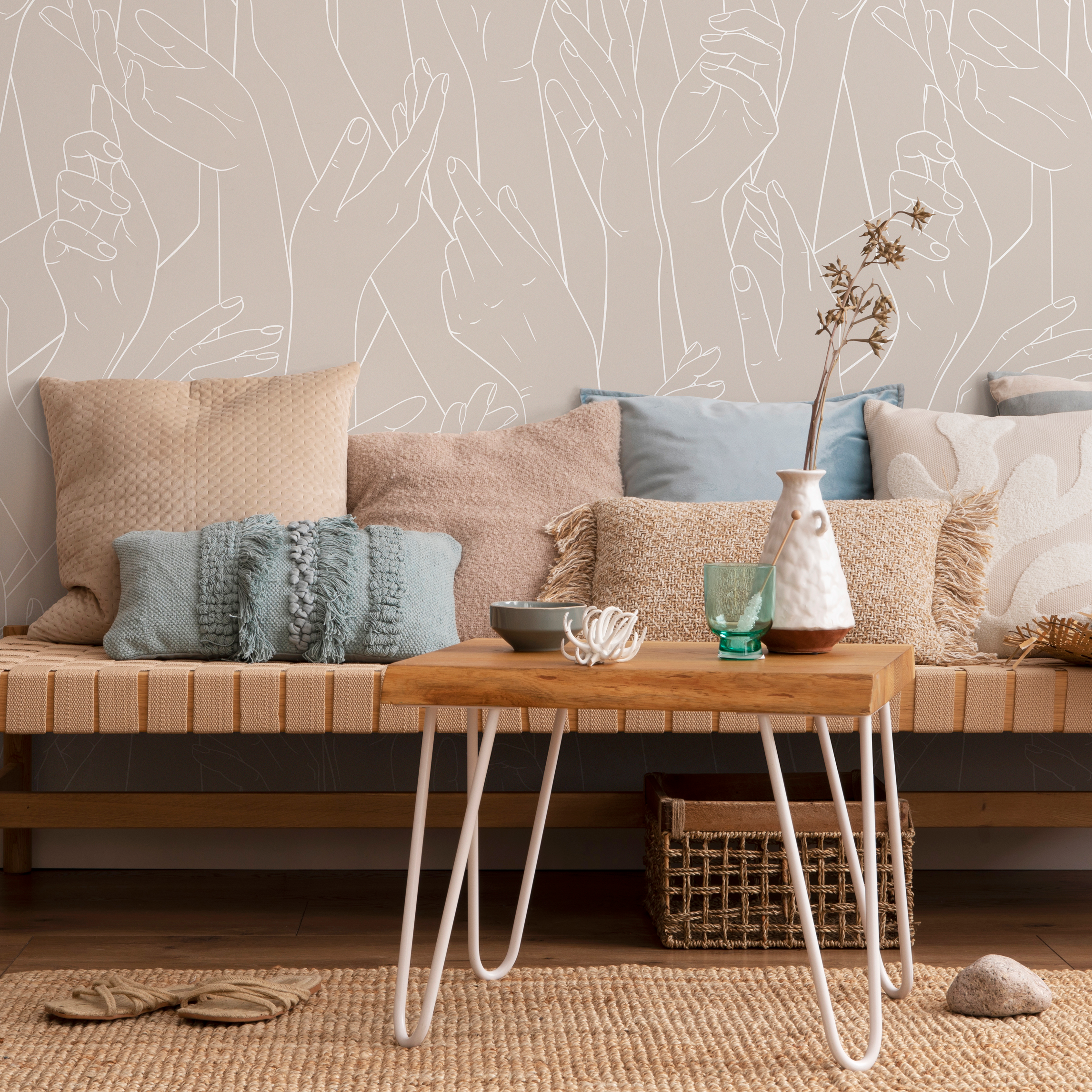 Line Art Wallpaper With A Continuous Hands Motif In Taupe - C278