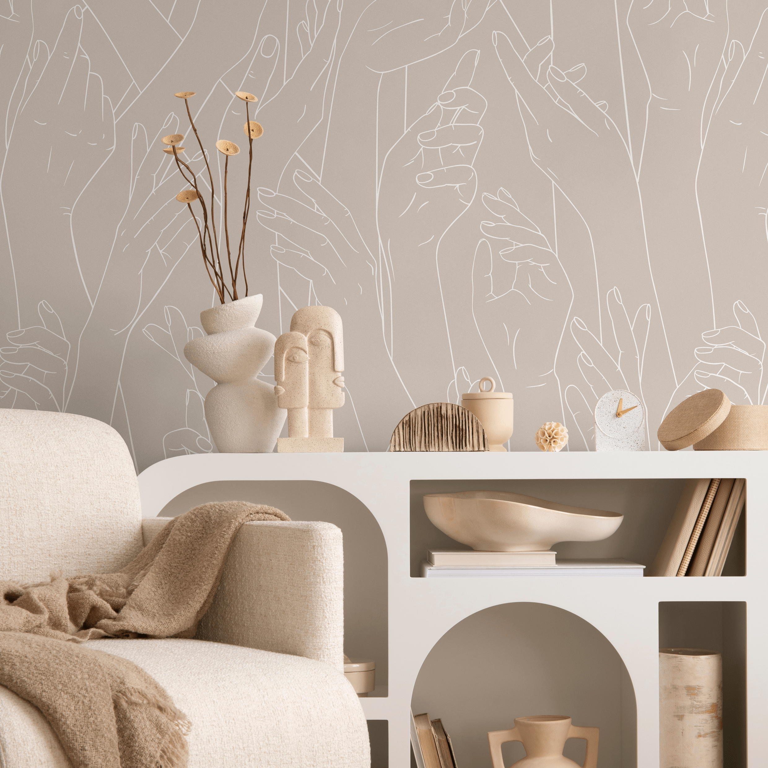 Line Art Wallpaper With A Continuous Hands Motif In Taupe - C278