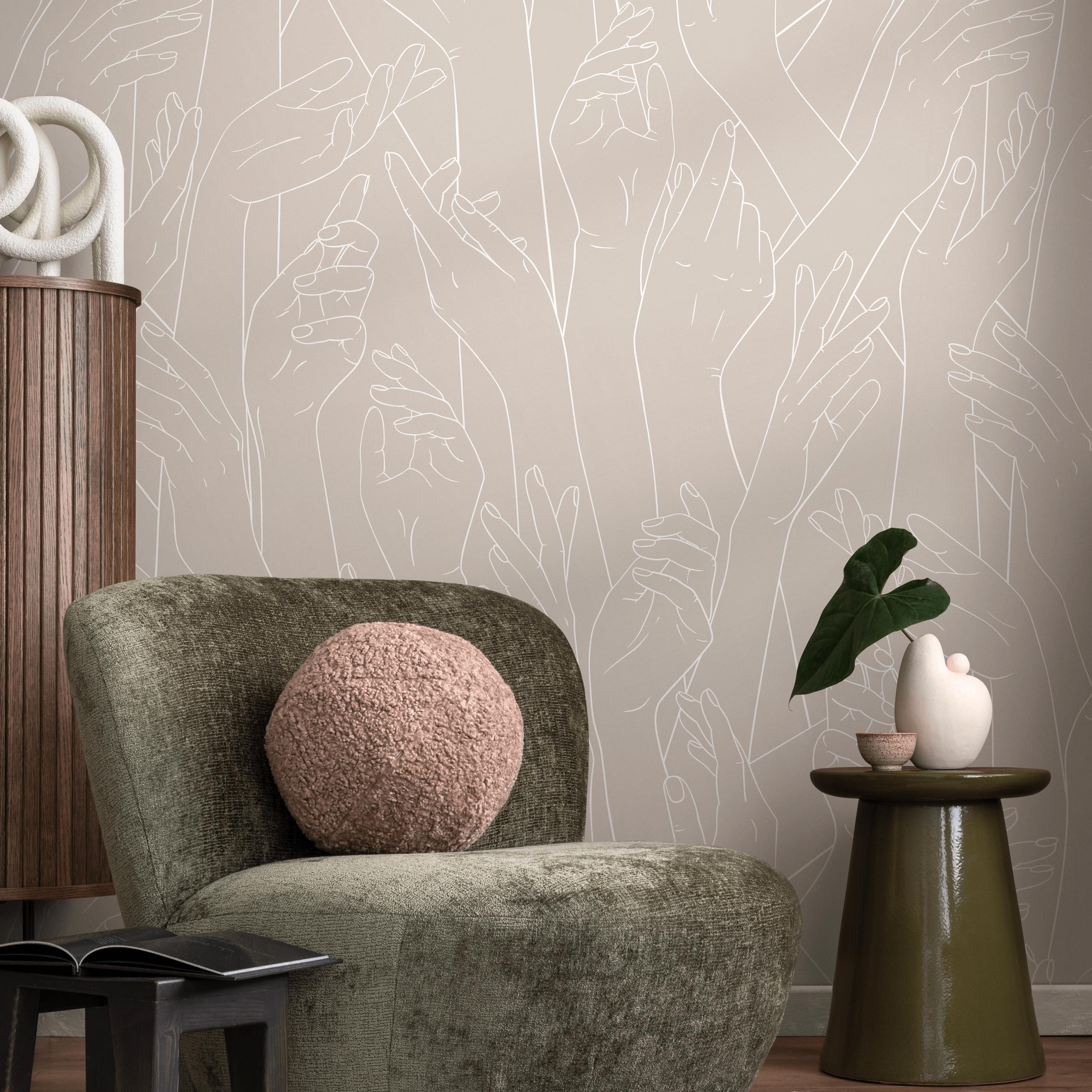 Line Art Wallpaper With A Continuous Hands Motif In Taupe - C278