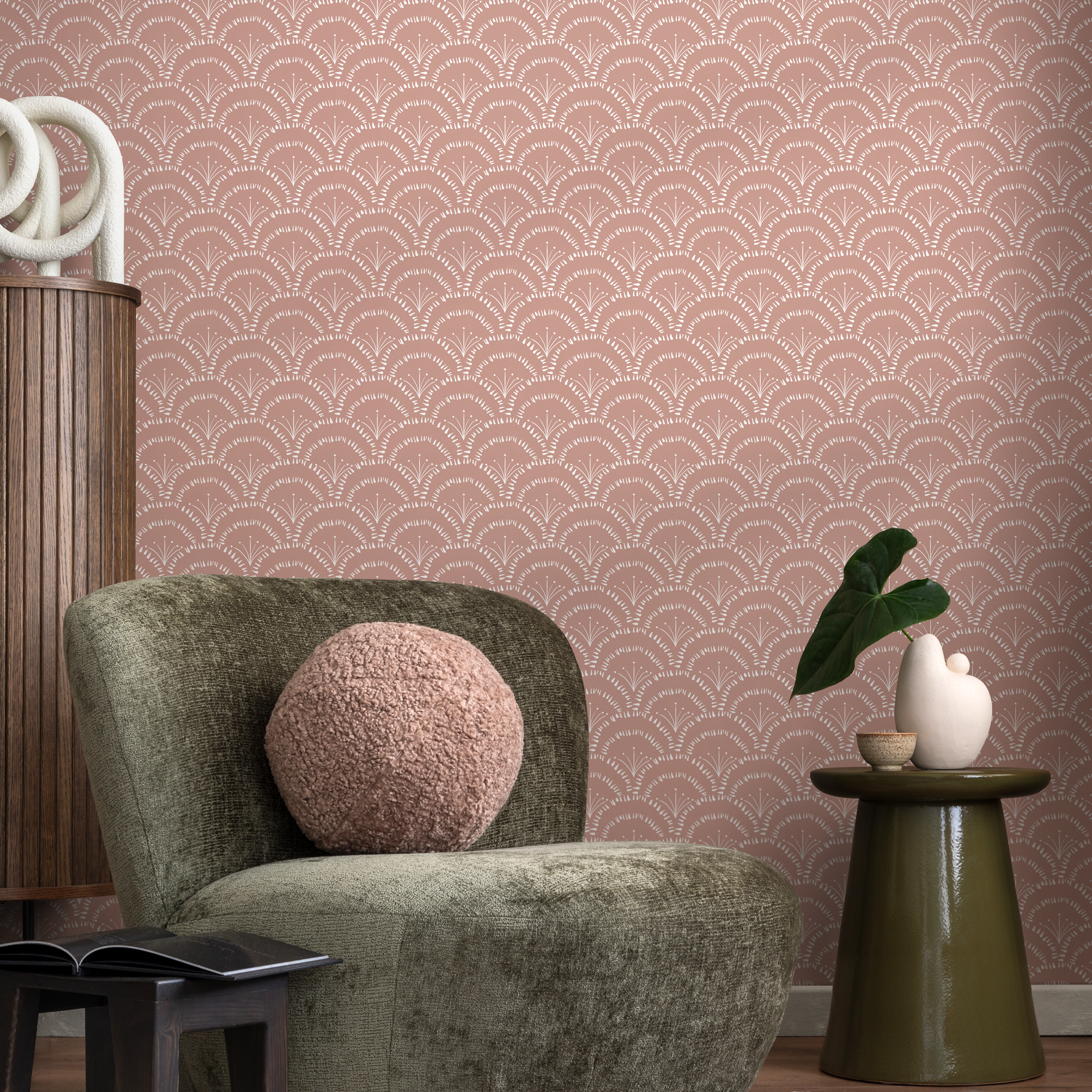 Art Deco Wallpaper With A Scalloped Fan Motif In Pink And White - C279