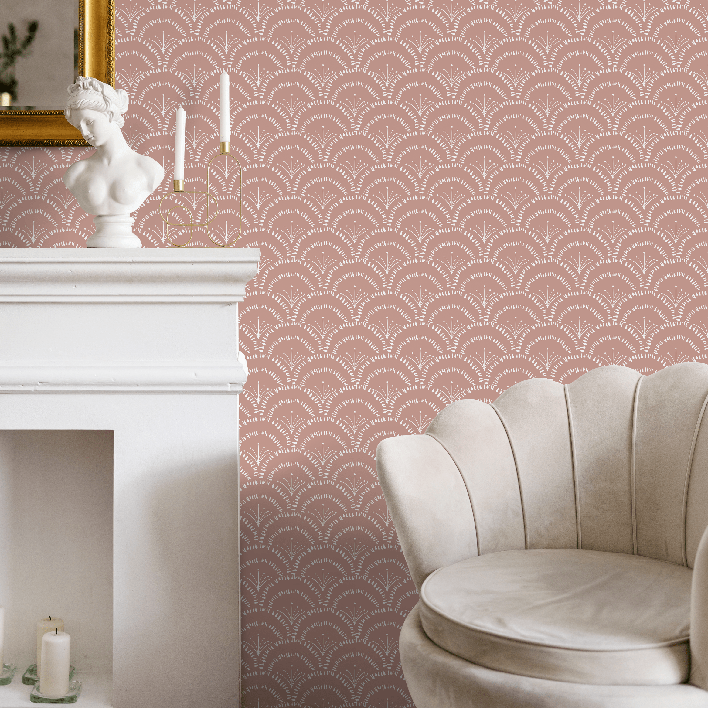 Art Deco Wallpaper With A Scalloped Fan Motif In Pink And White - C279