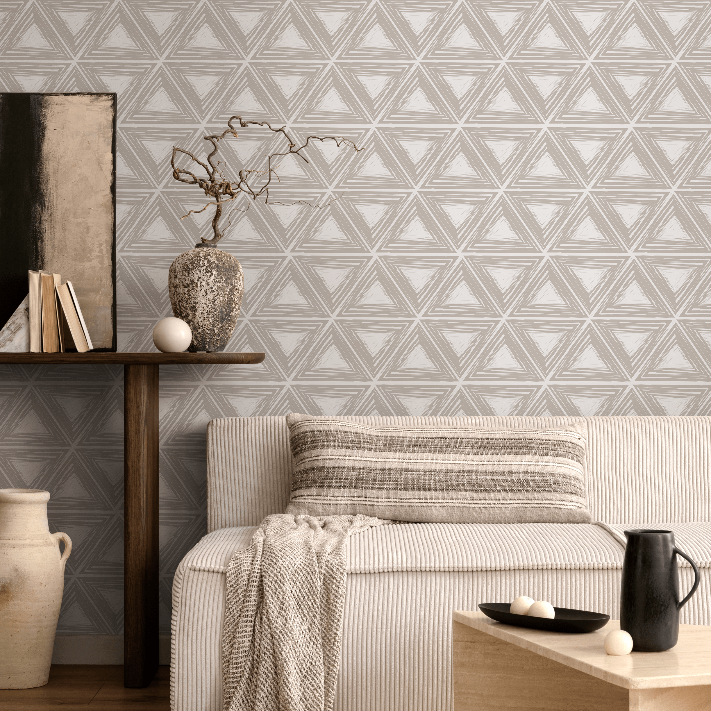 Geometric Wallpaper With A Hand-drawn Triangle Pattern In Beige And Cream - C280