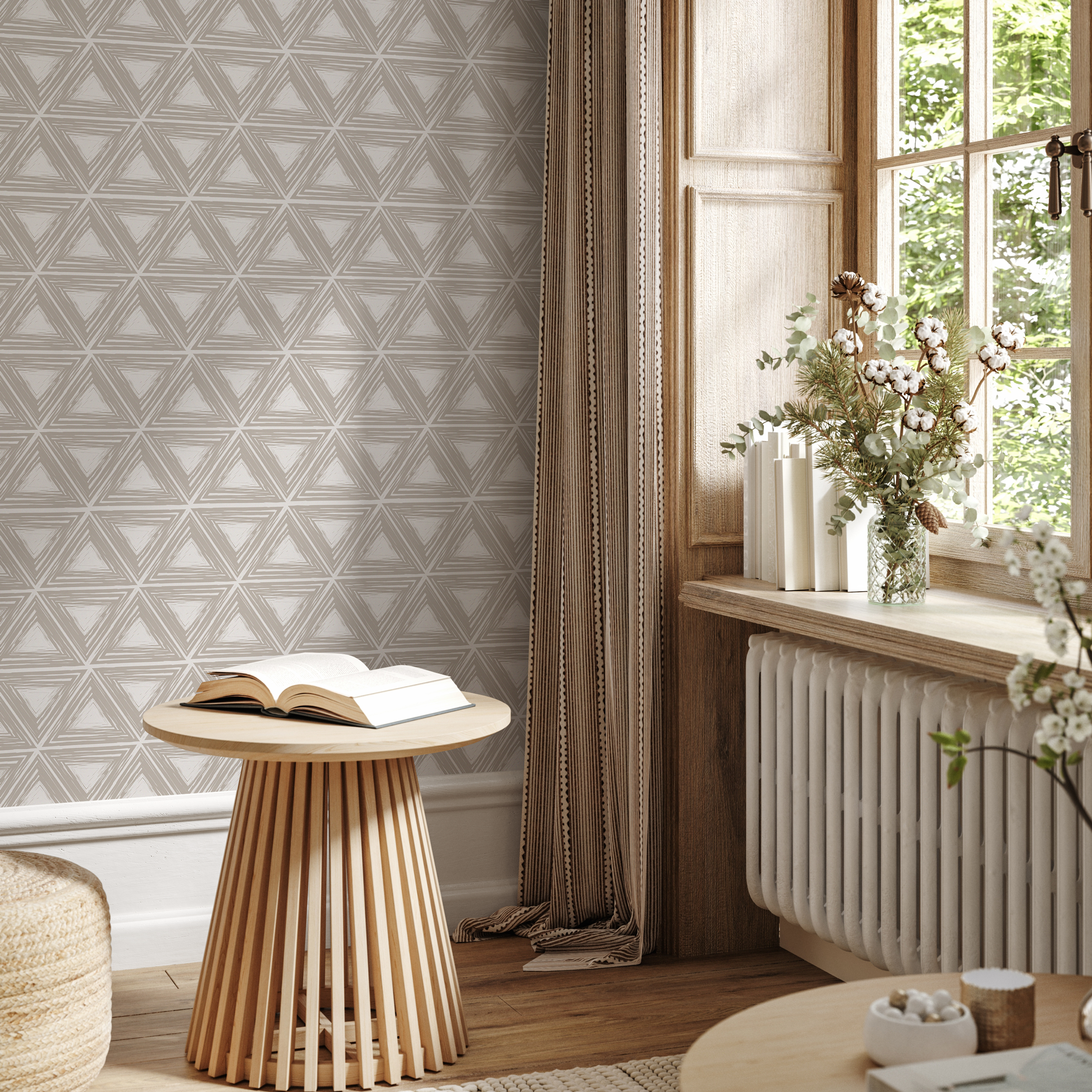 Geometric Wallpaper With A Hand-drawn Triangle Pattern In Beige And Cream - C280