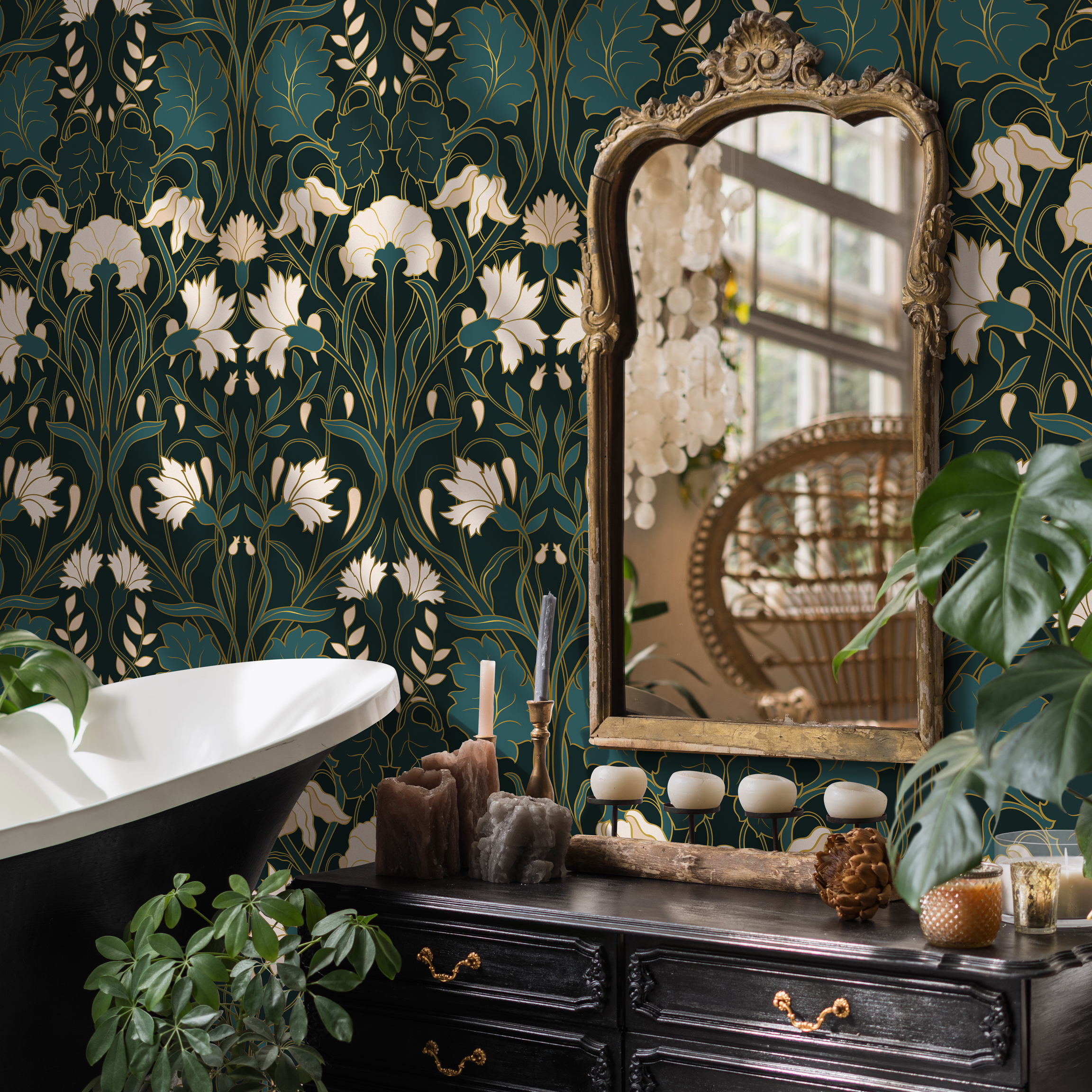 Art Nouveau Wallpaper With Stylized Florals In Green, Cream, And Gold - C281